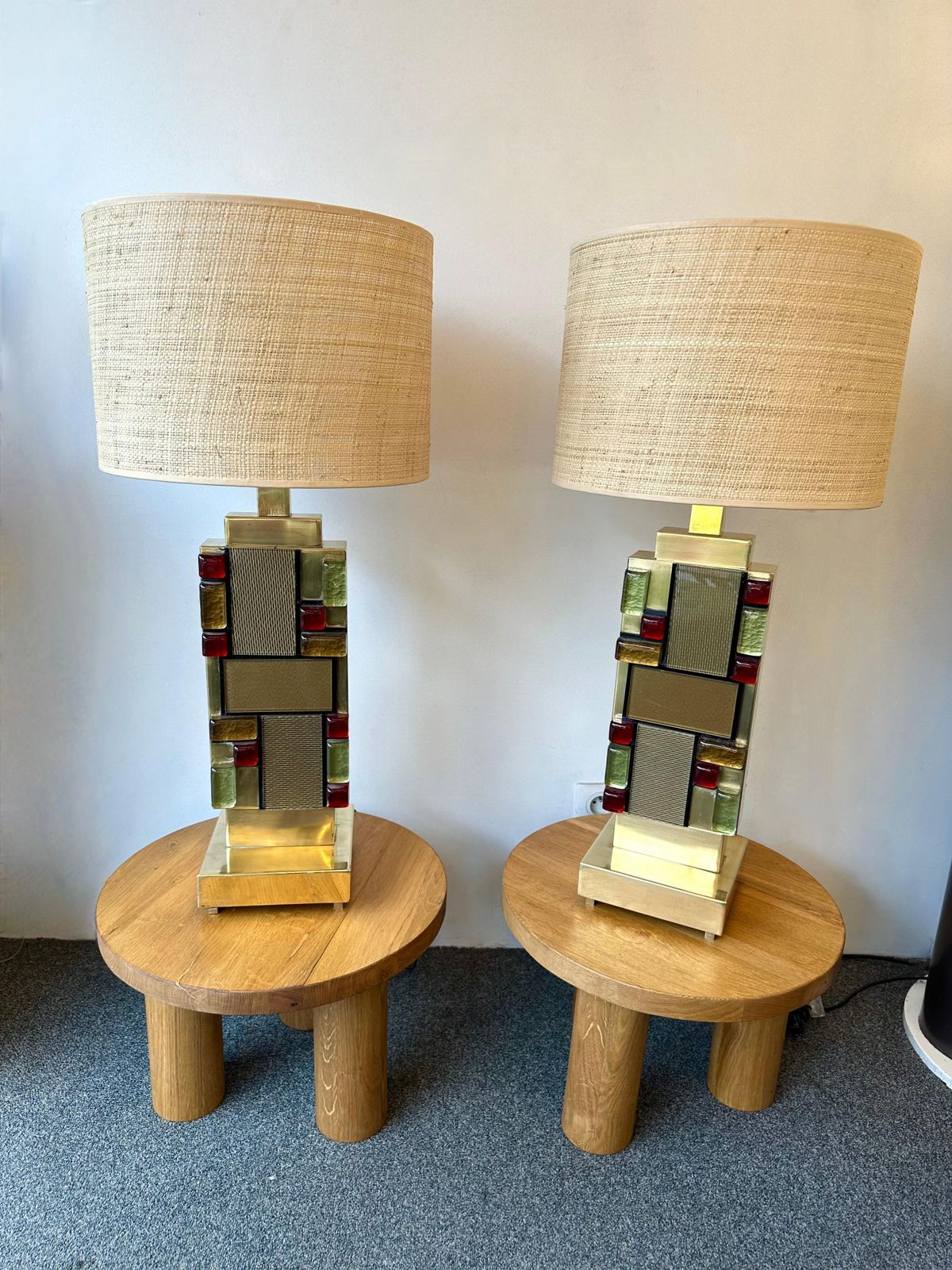 Contemporary Pair Of Brass Textured And Cabochon Murano Glass Lamps, Italy photo furniture