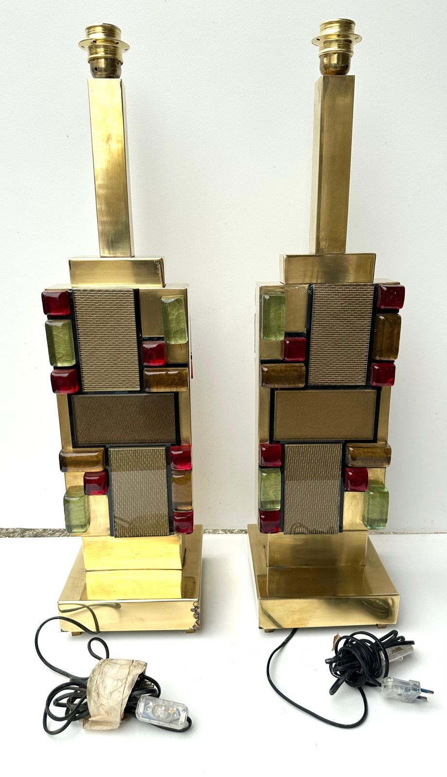Contemporary Pair Of Brass Textured And Cabochon Murano Glass Lamps, Italy photo vintage