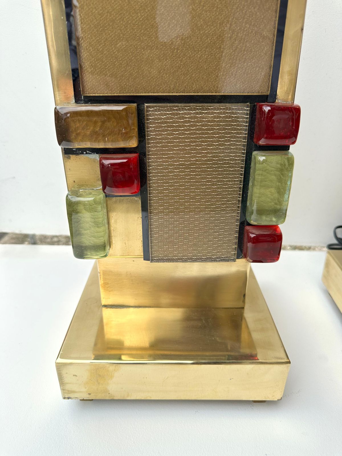 4105.0 Contemporary Pair Of Brass Textured And Cabochon Murano Glass Lamps, Italy photo