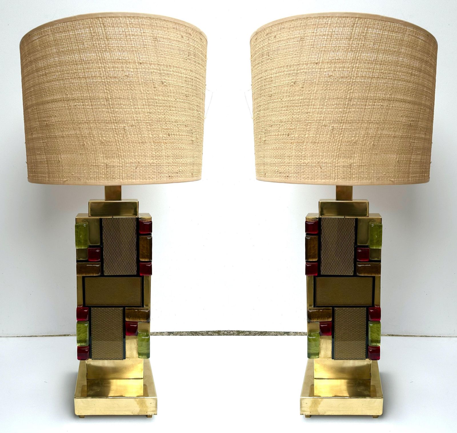 photo vinterior Contemporary Pair Of Brass Textured And Cabochon Murano Glass Lamps, Italy