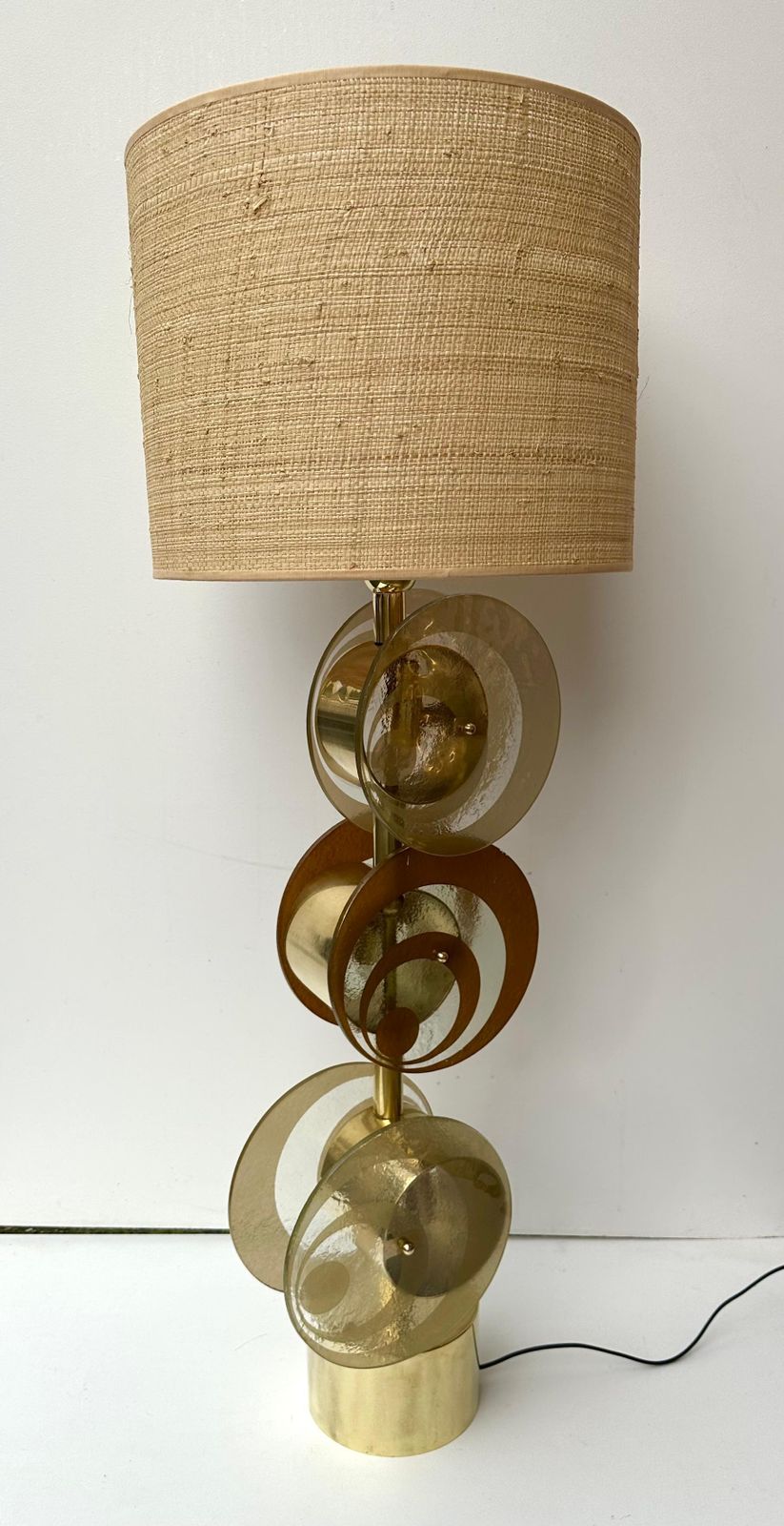 Contemporary Pair Of Brass And Murano Glass Spiral Disc Lamps, Italy photo furniture