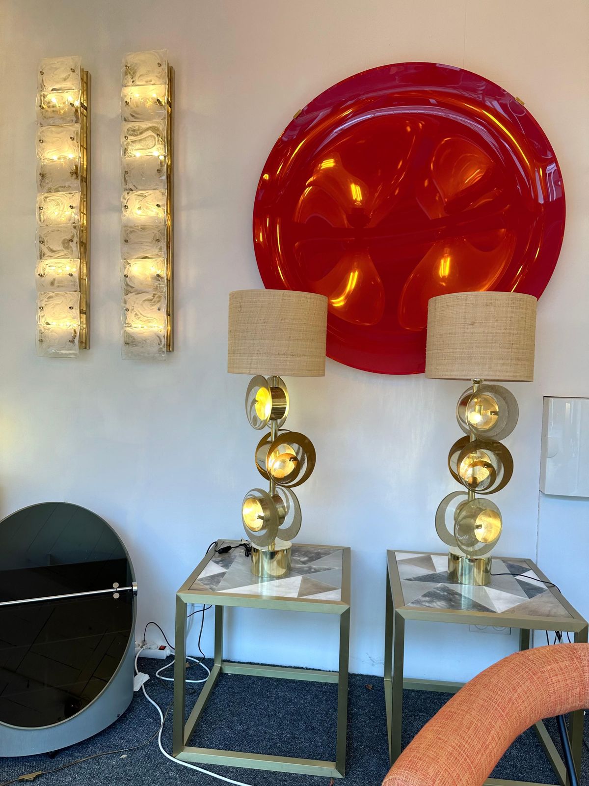 Contemporary Pair Of Brass And Murano Glass Spiral Disc Lamps, Italy photo for sale