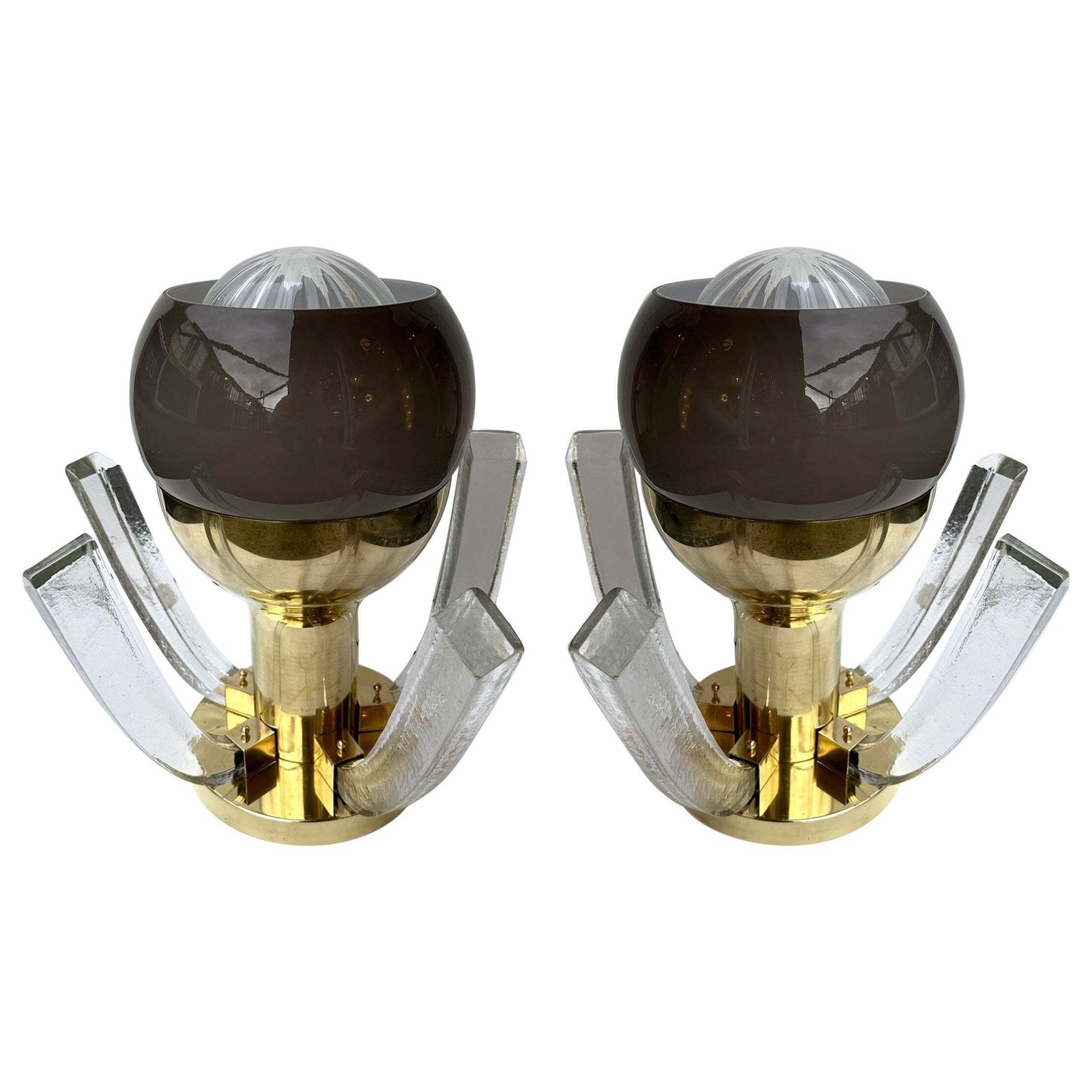 Contemporary Pair Of Brass And Gray Murano Glass Flower Lamps, Italy