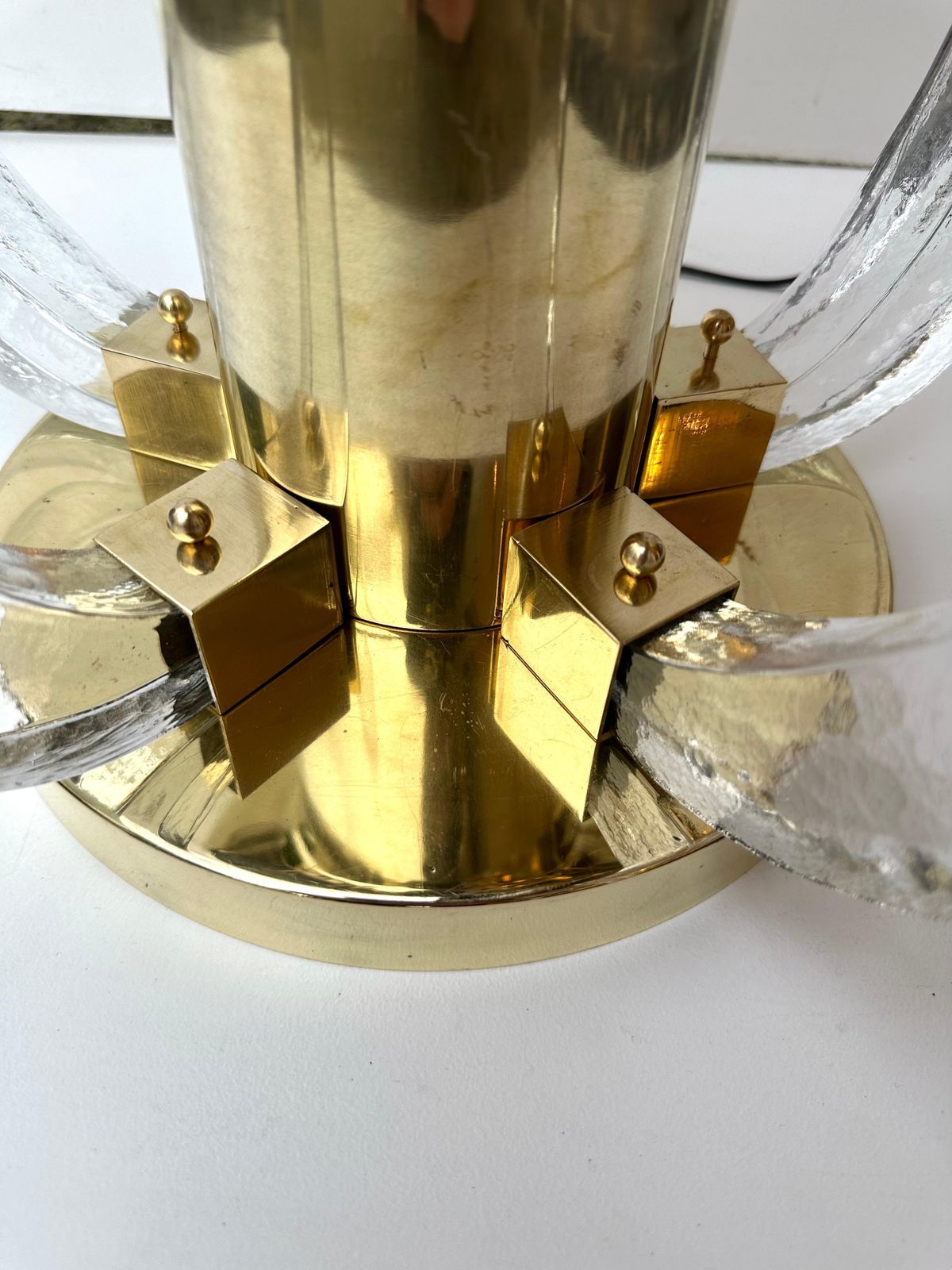 Contemporary Pair Of Brass And Gray Murano Glass Flower Lamps, Italy photo vintage