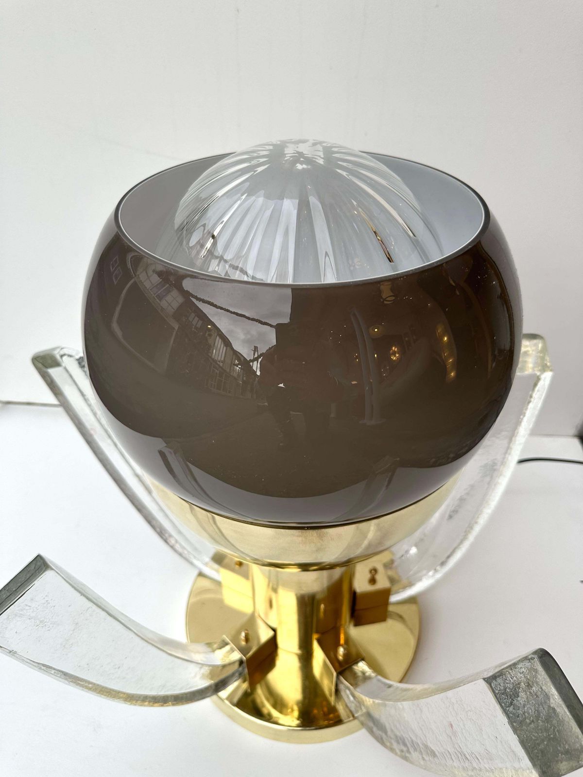 photo for sale Contemporary Pair Of Brass And Gray Murano Glass Flower Lamps, Italy