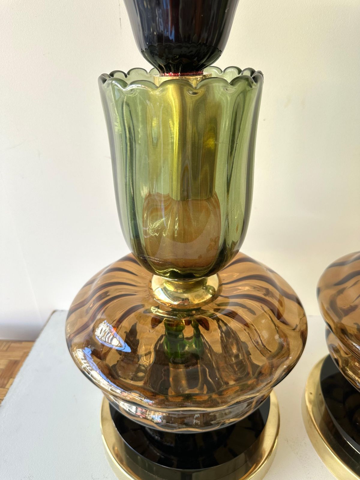 Contemporary Pair Of Brass And Murano Glass Flower Lamps, Italy photo 4362.0