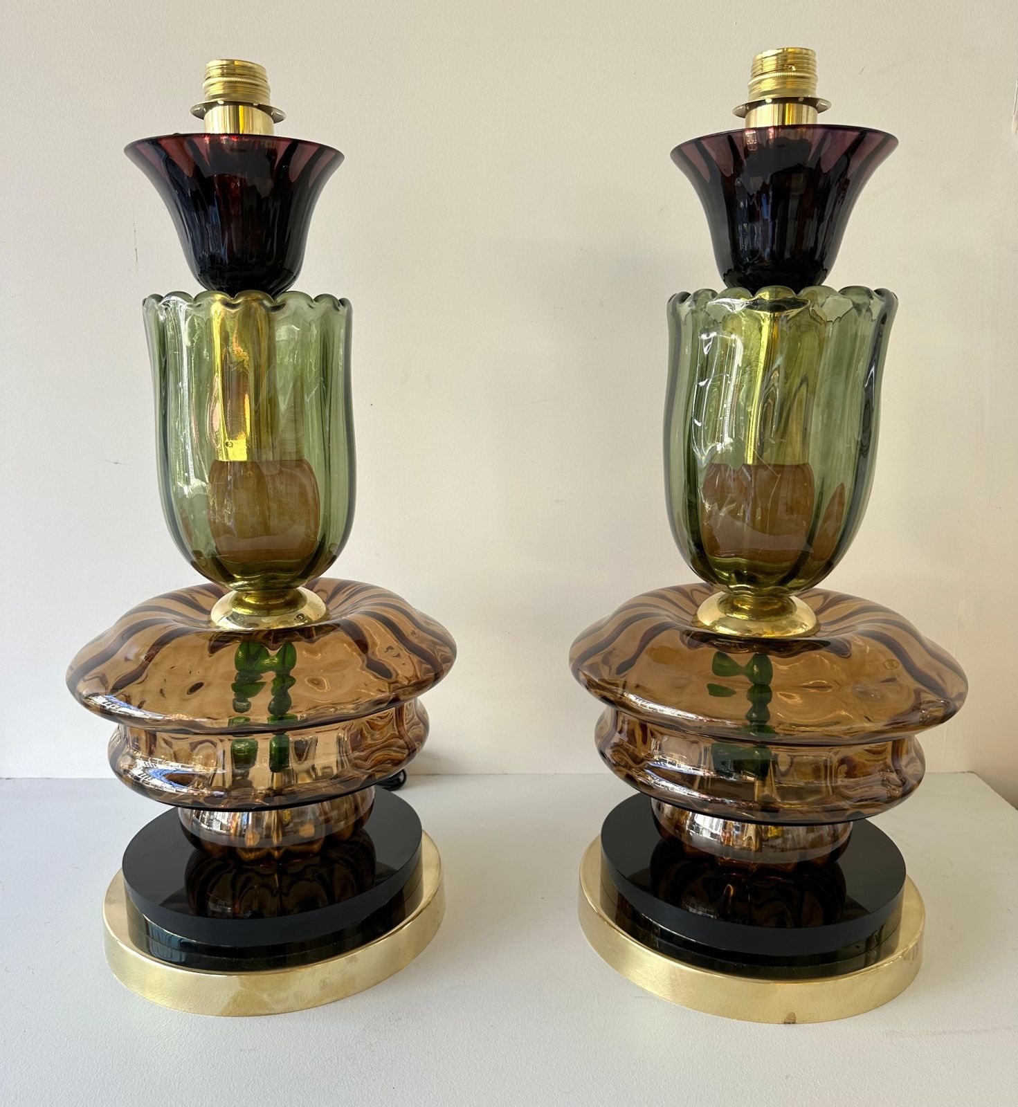 photo for sale Contemporary Pair Of Brass And Murano Glass Flower Lamps, Italy