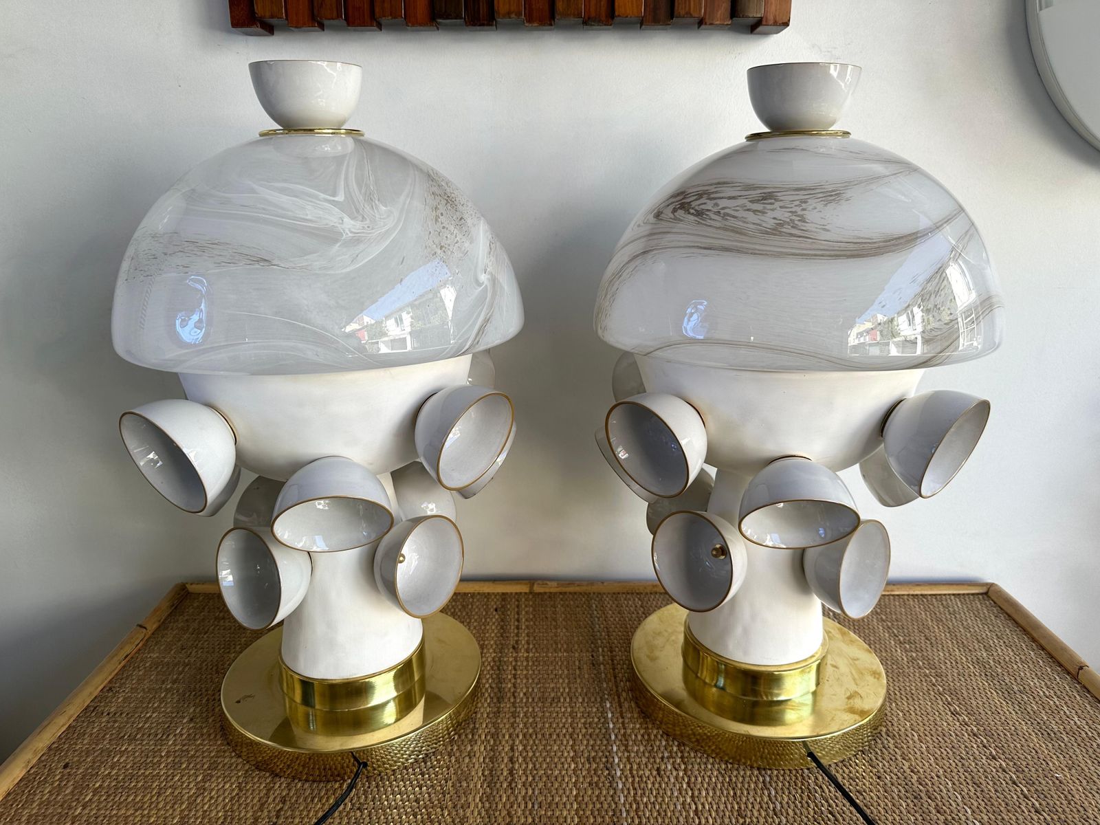photo buy Contemporary Pair Of Brass Murano Glass And Ceramic Mushroom Lamps, Italy