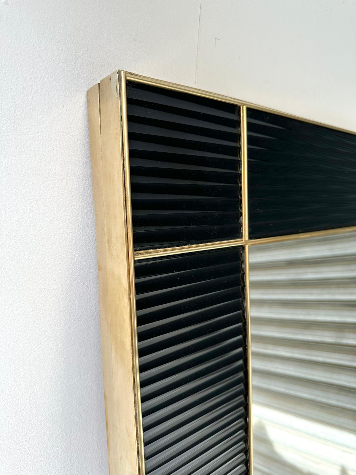 Large Contemporary Brass And Black Fluted Murano Glass  Mirror, Italy photo Home Decor