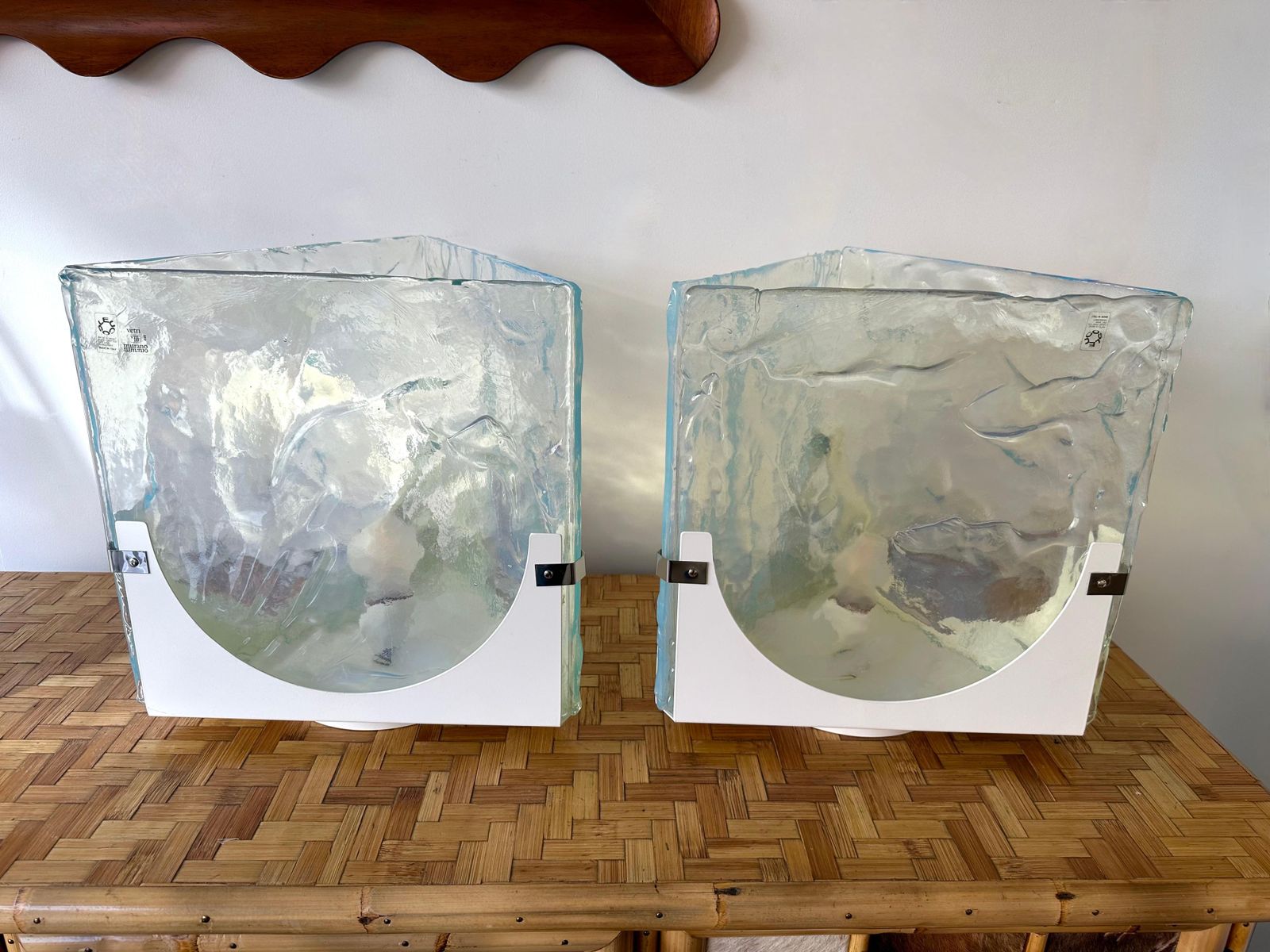 Pair Of Triangle Lamps Opalescent Murano Glass By Leucos, Italy, 1980s photo for sale