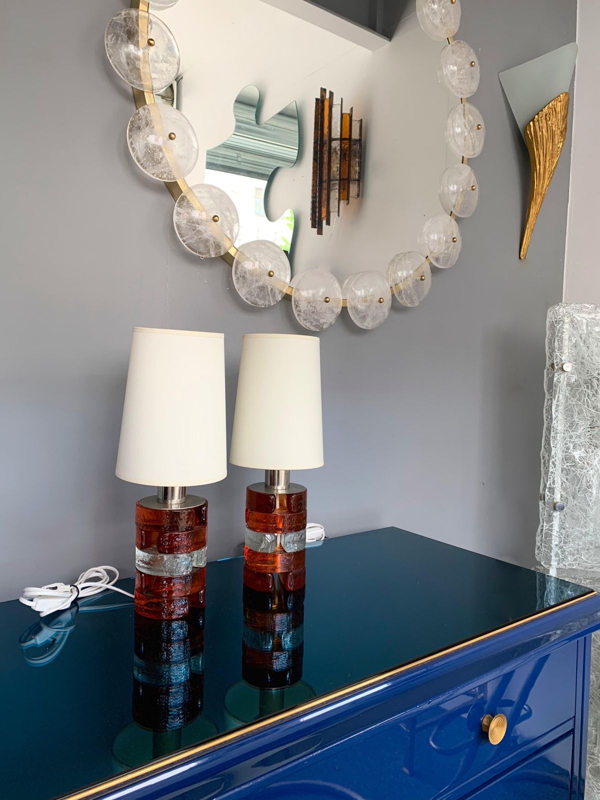 Pair Of Pressed Glass And Metal Lamps By Biancardi, Italy, 1970s photo for sale
