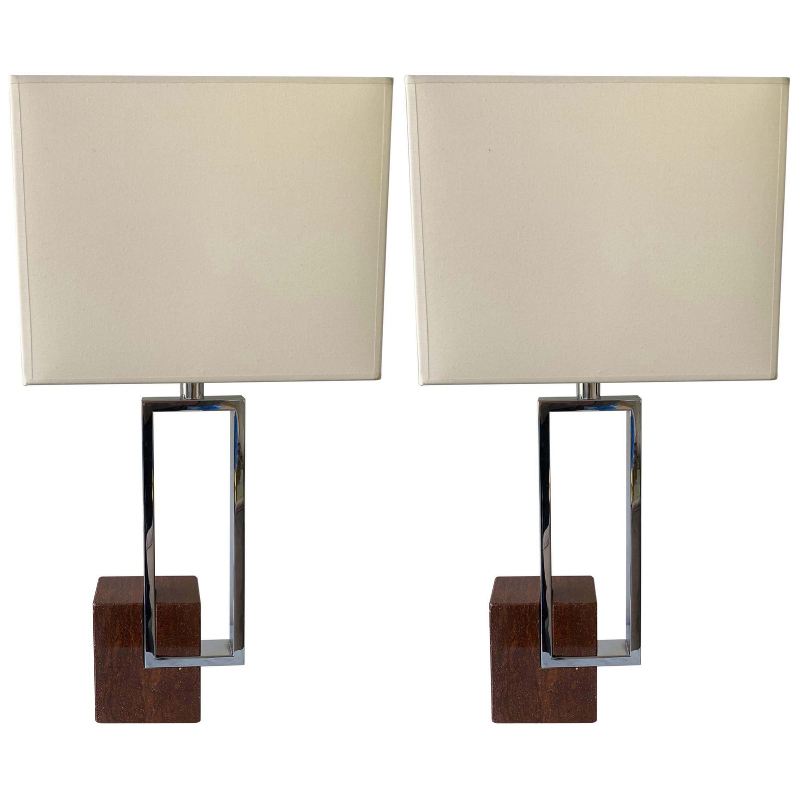 Pair Of Lamps Chrome Metal Red Marble By Banci, Italy, 1970s