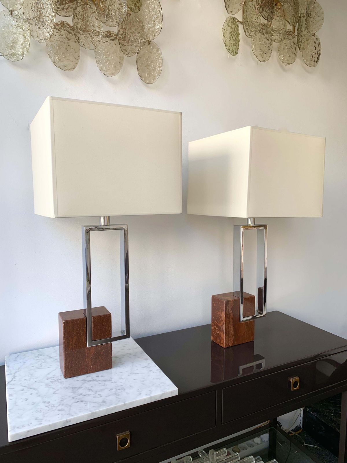 Pair Of Lamps Chrome Metal Red Marble By Banci, Italy, 1970s photo Lighting