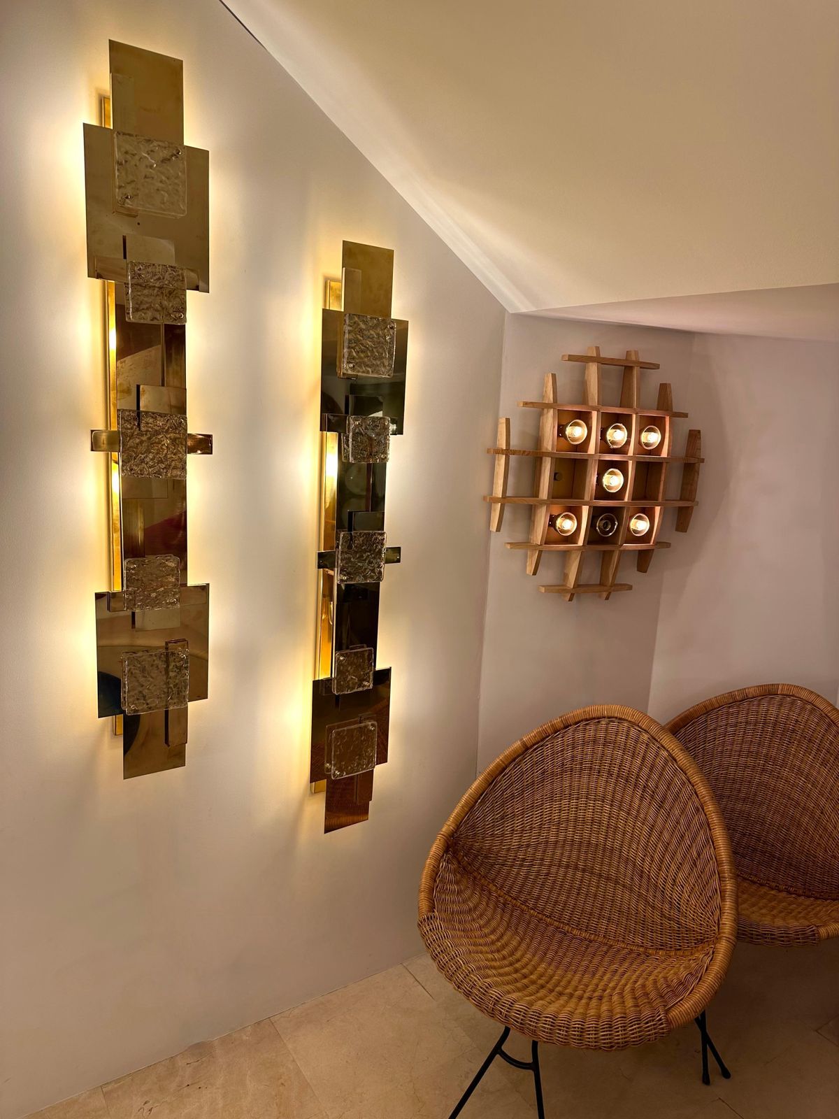 photo vinterior Large Contemporary Pair Of Brass Sconces Geometrical Murano Glass, Italy