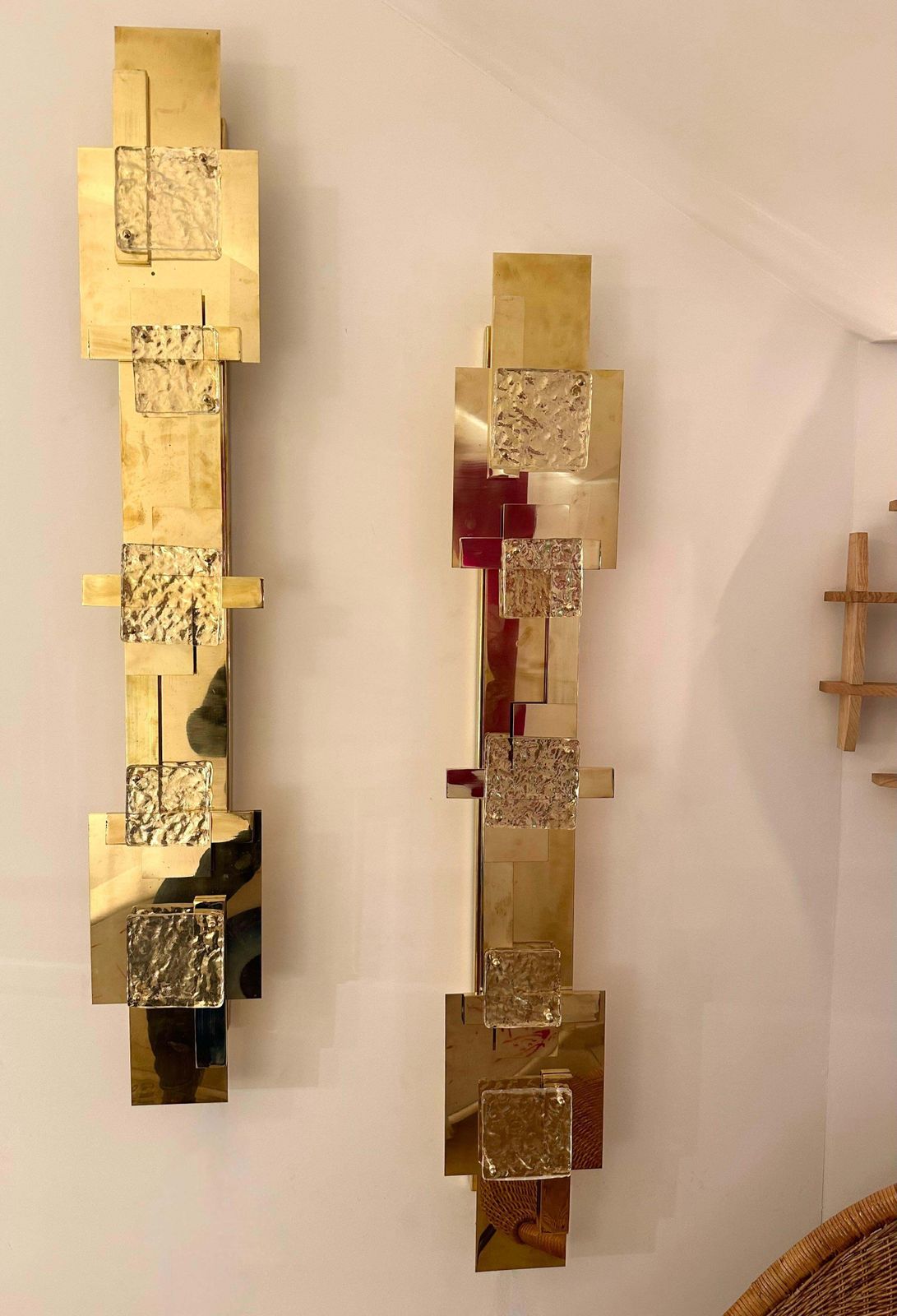 photo buy Large Contemporary Pair Of Brass Sconces Geometrical Murano Glass, Italy