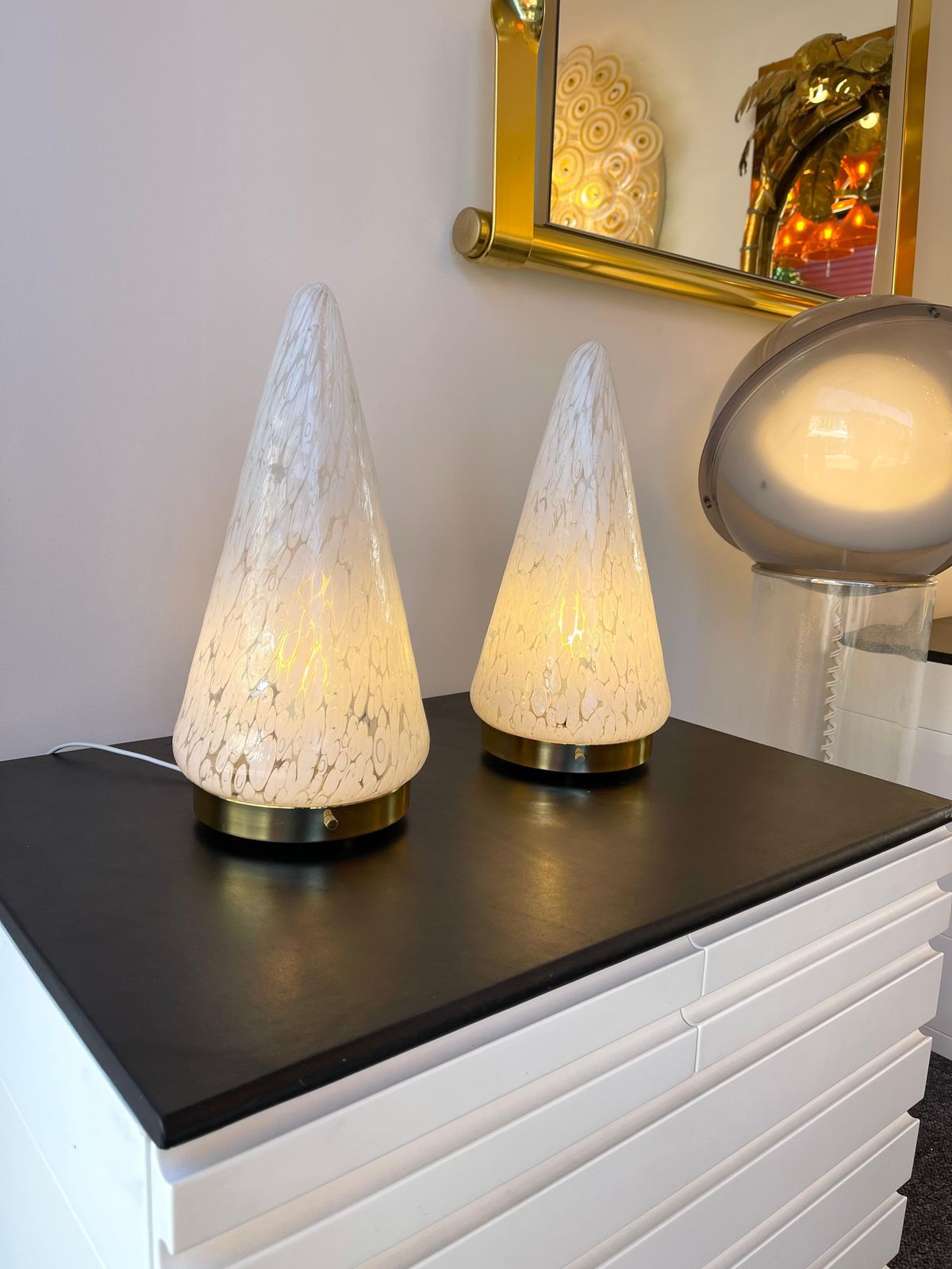 Pair Of Cone Lamps Murano Glass And Brass By Esperia. Italy, 1970s photo Lighting