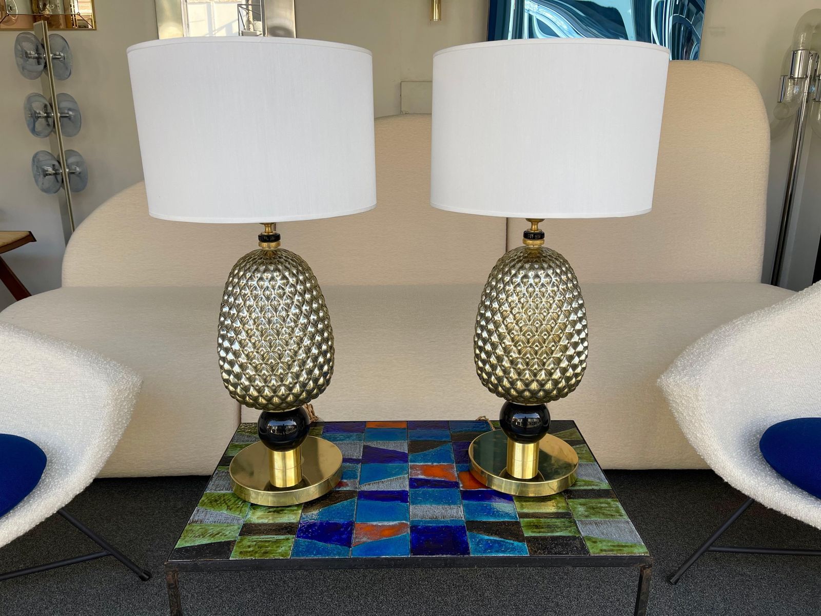 Contemporary Pair Of Silver Gold Pineapple Murano Glass And Brass Lamps, Italy photo 2737.0