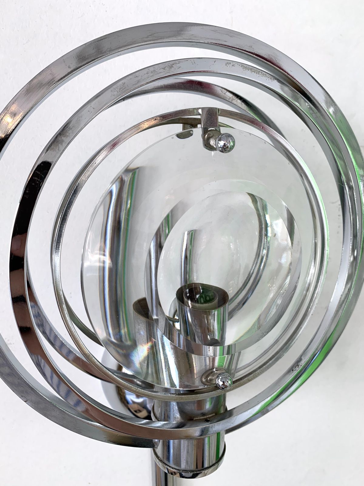 Pair Of Optical Metal Chrome Sconces By Oscar Torlasco, Italy, 1970s photo for sale