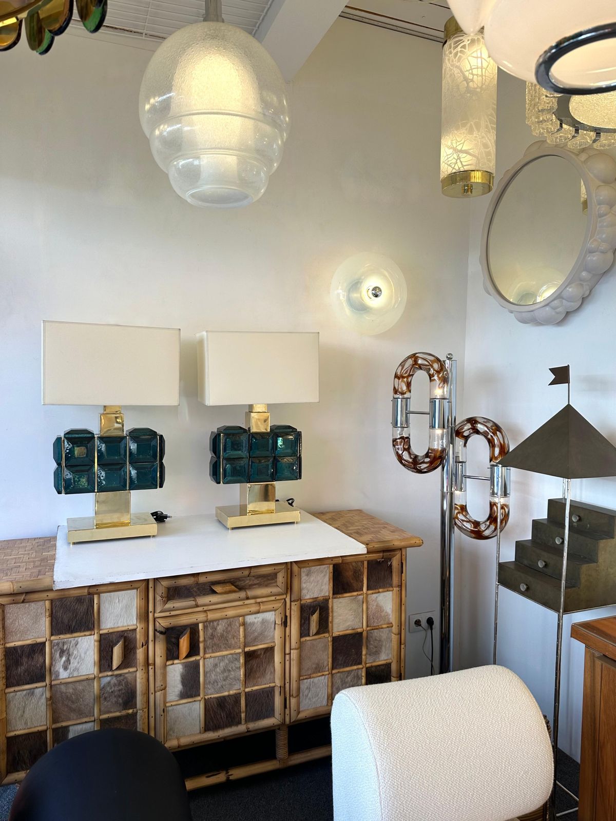 photo for sale Contemporary Pair Of Brass And Diamonds Murano Glass Lamps, Italy