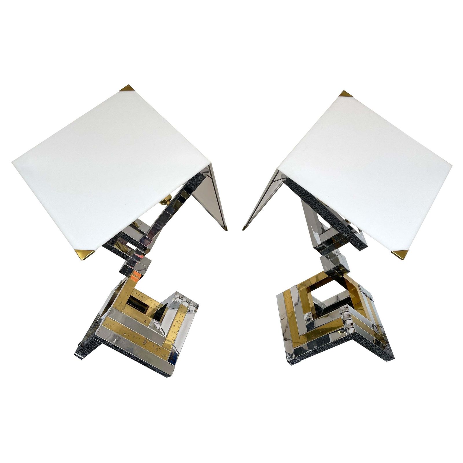Pair Of Brass And Metal Chrome Lamps By Lumica, Spain, 1970s