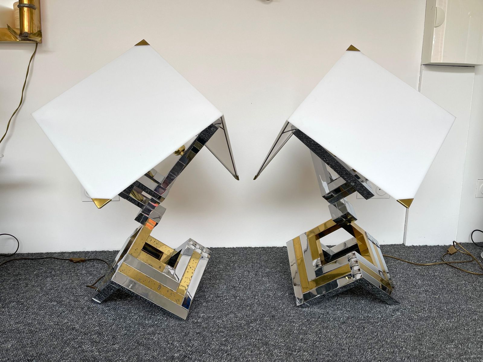 Pair Of Brass And Metal Chrome Lamps By Lumica, Spain, 1970s photo buy