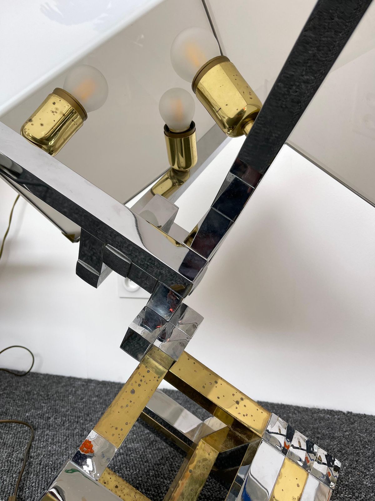 Lighting Pair Of Brass And Metal Chrome Lamps By Lumica, Spain, 1970s photo