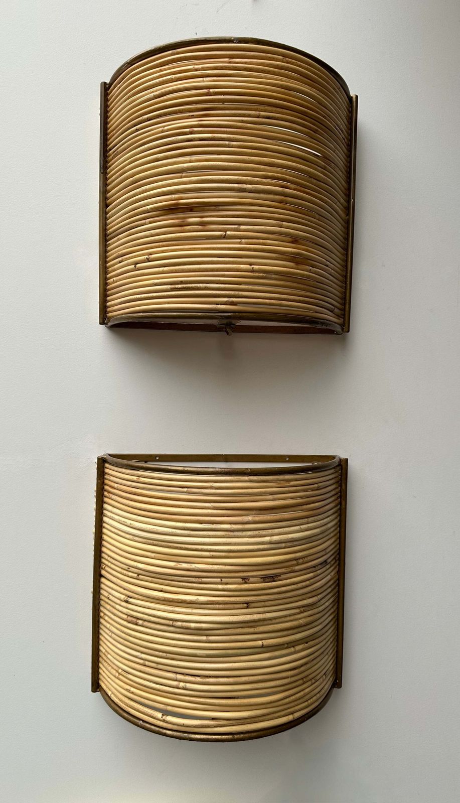 Pair Of Rattan And Gilt Metal Sconces. Italy, 2000s photo furniture
