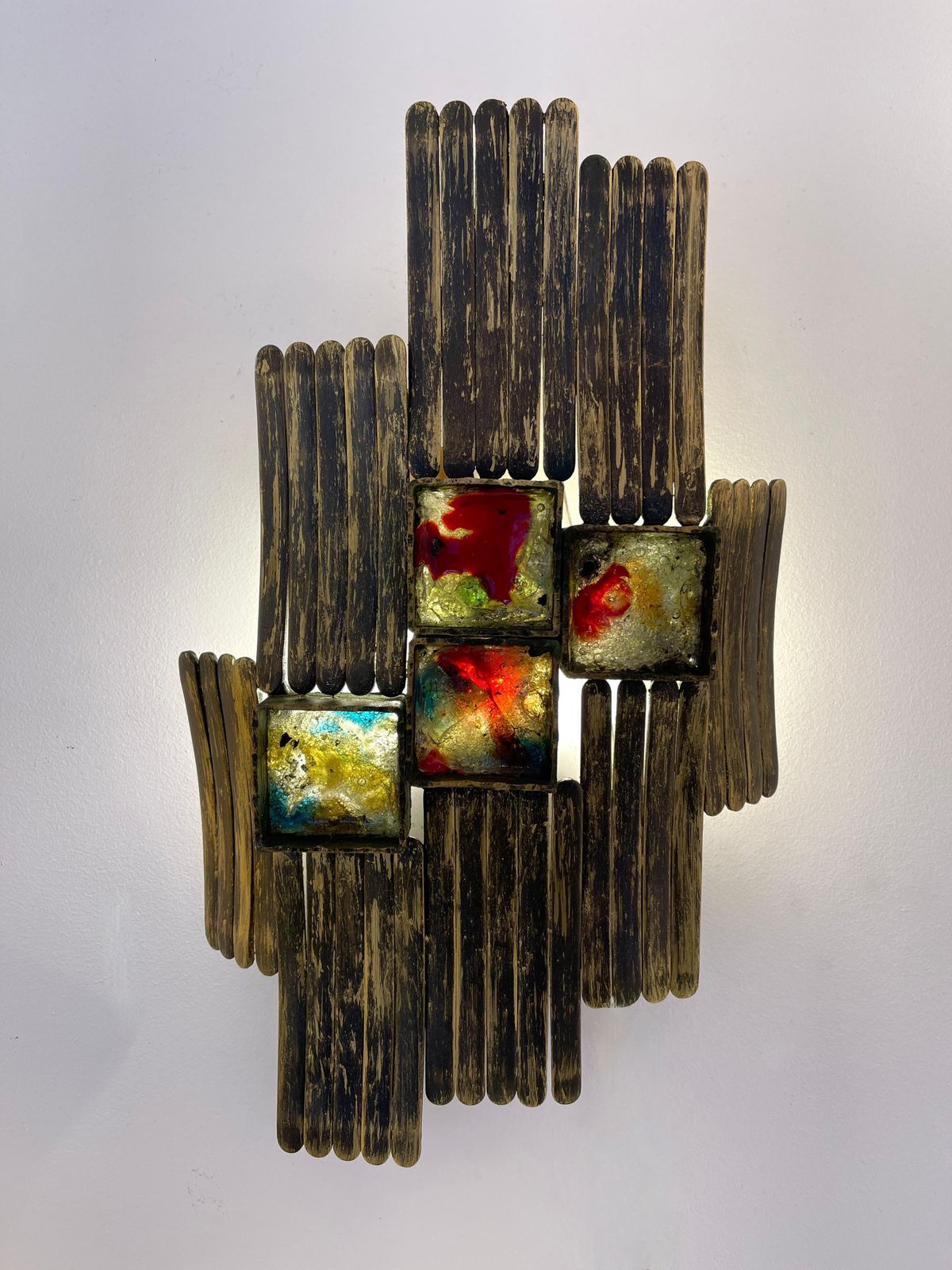 Lighting Pair Of Brutalist Gilt Metal And Glass Sconces. Italy, 1970s photo