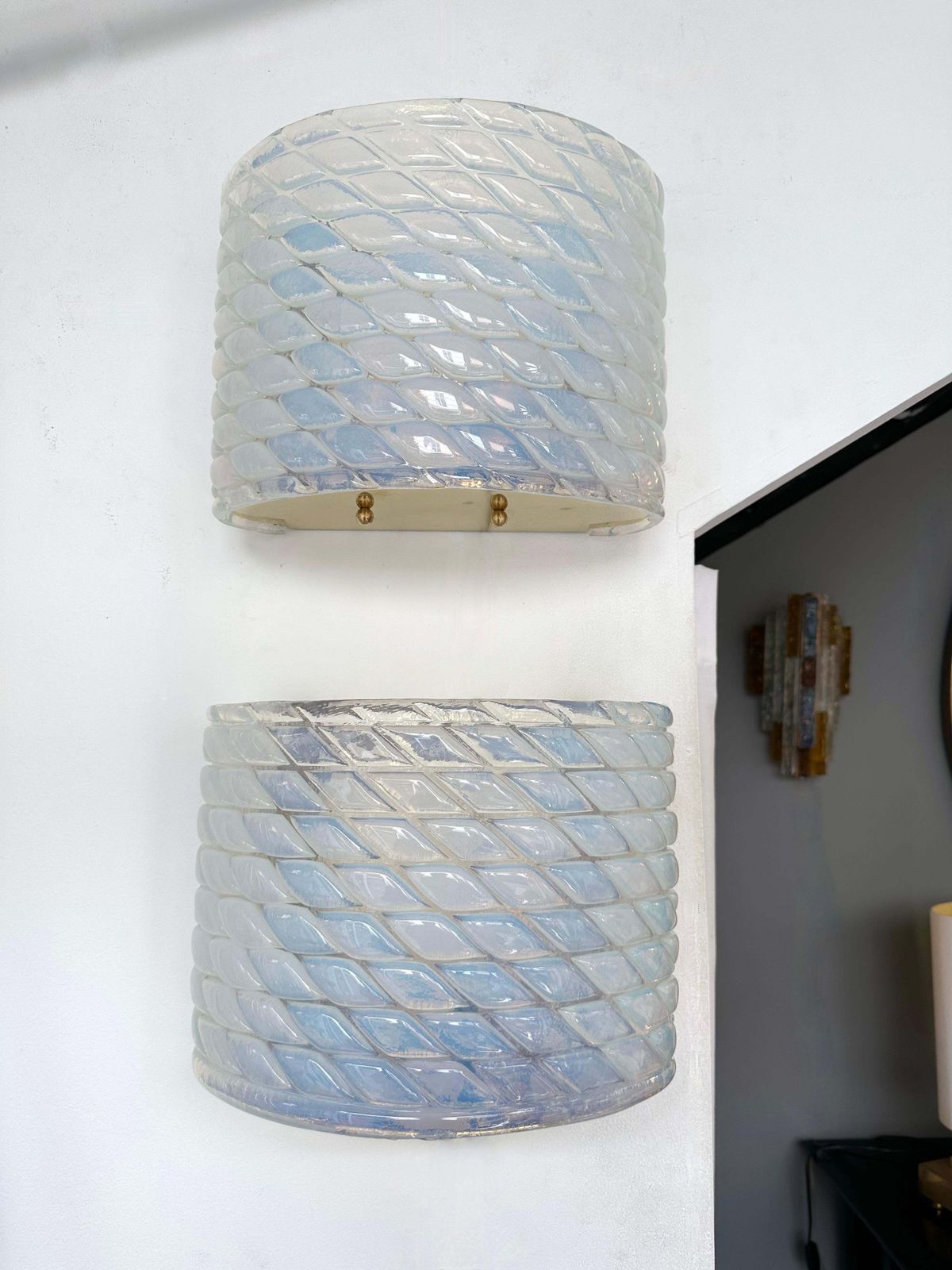 Contemporary Pair Of Brass And Blue Opal Murano Glass Sconces, Italy photo Lighting