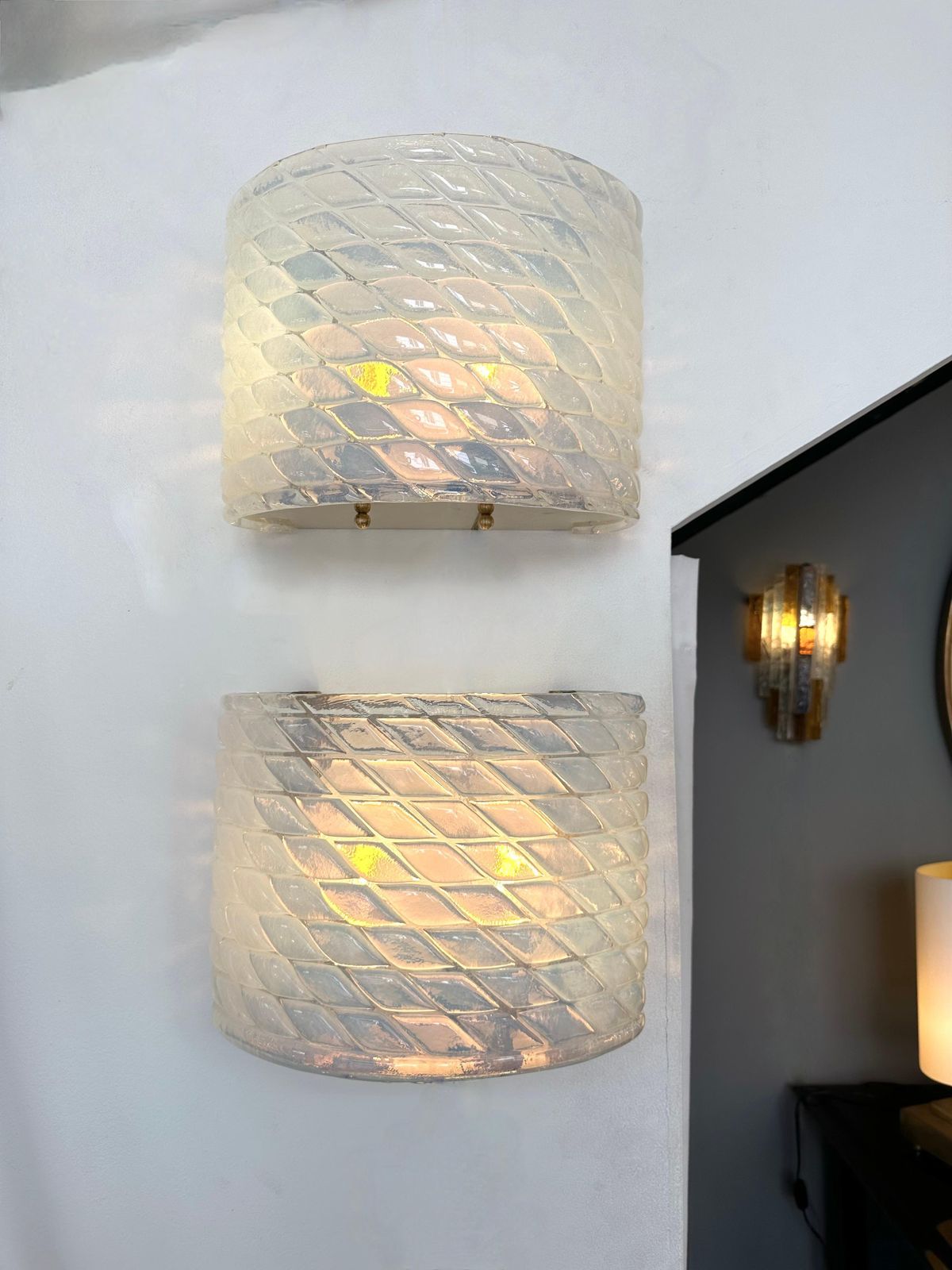 Contemporary Pair Of Brass And Blue Opal Murano Glass Sconces, Italy photo 3250.0