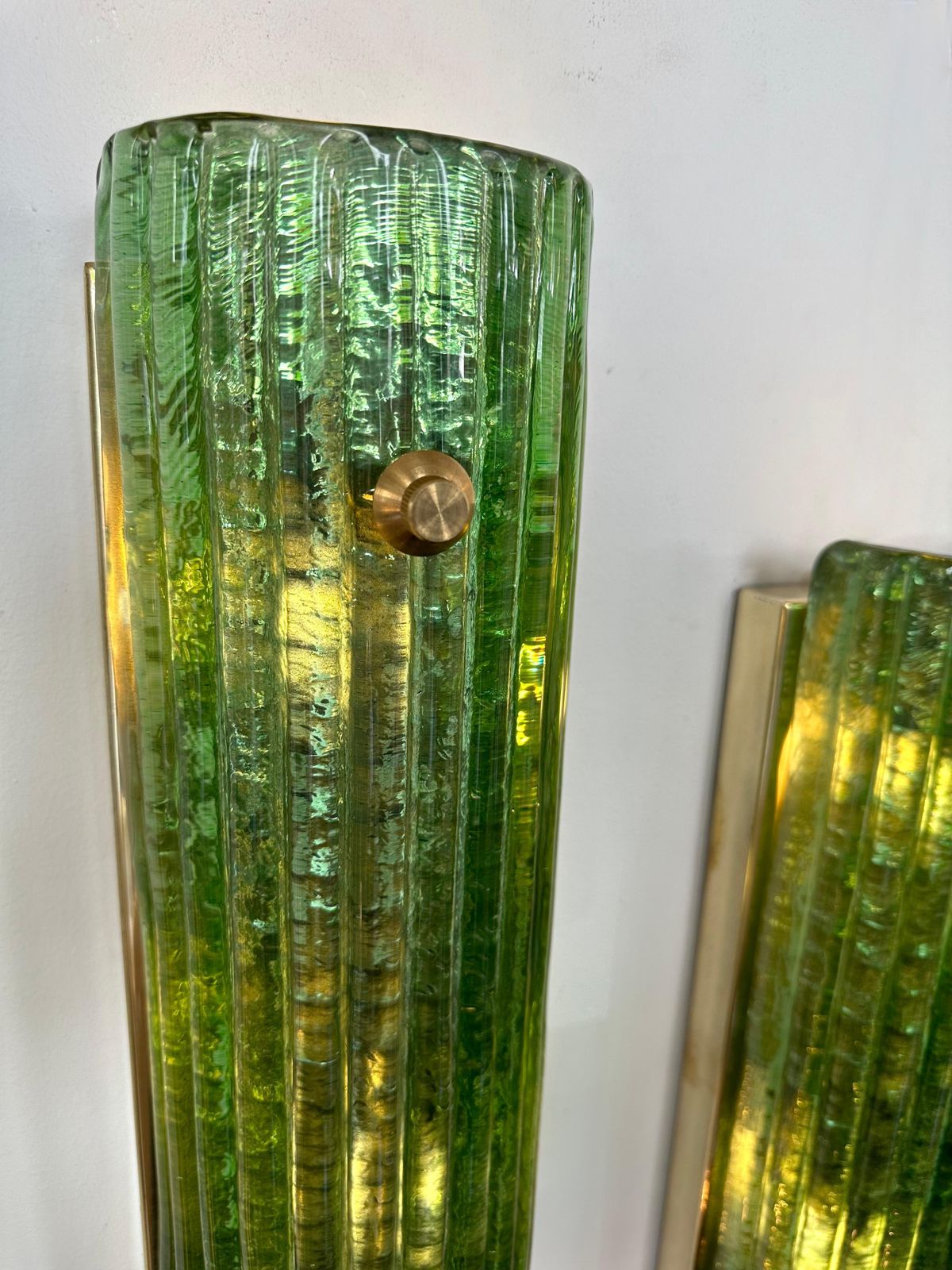 Contemporary Pair Of Brass And Green Murano Glass Sconces, Italy photo Lighting