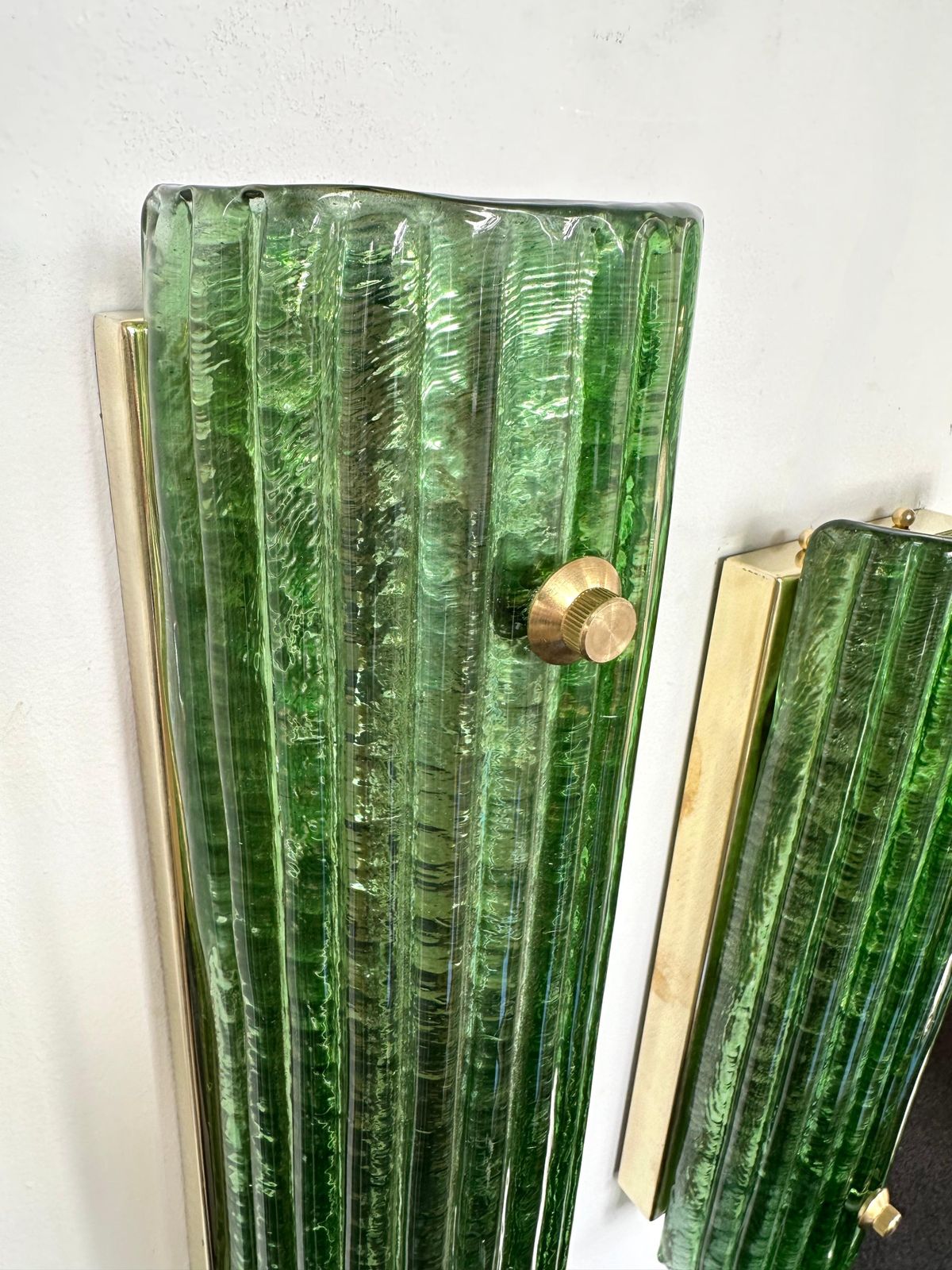 Contemporary Pair Of Brass And Green Murano Glass Sconces, Italy photo buy