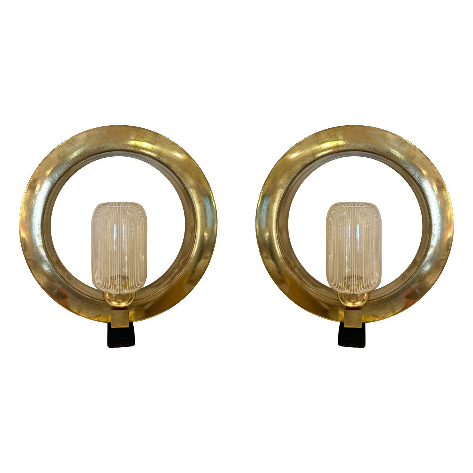Contemporary Pair Of Circle Brass And Murano Glass Sconces, Italy