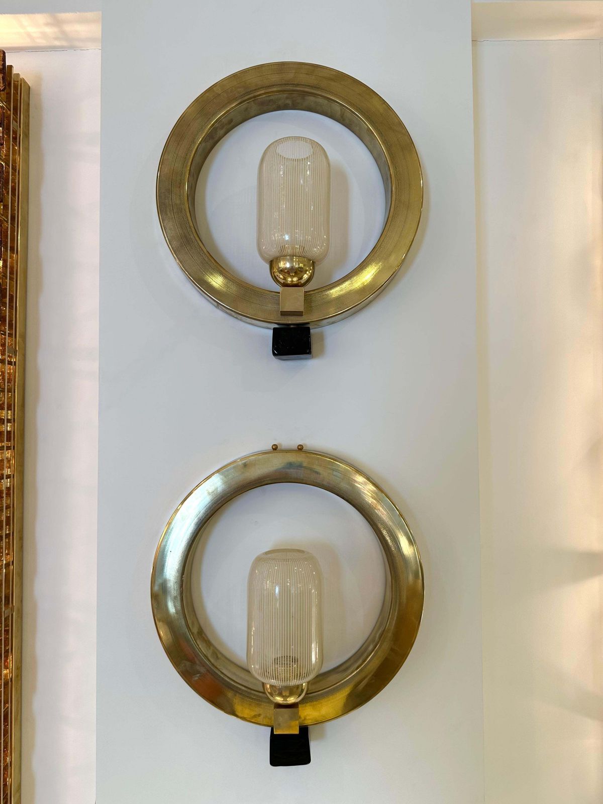 Contemporary Pair Of Circle Brass And Murano Glass Sconces, Italy photo for sale