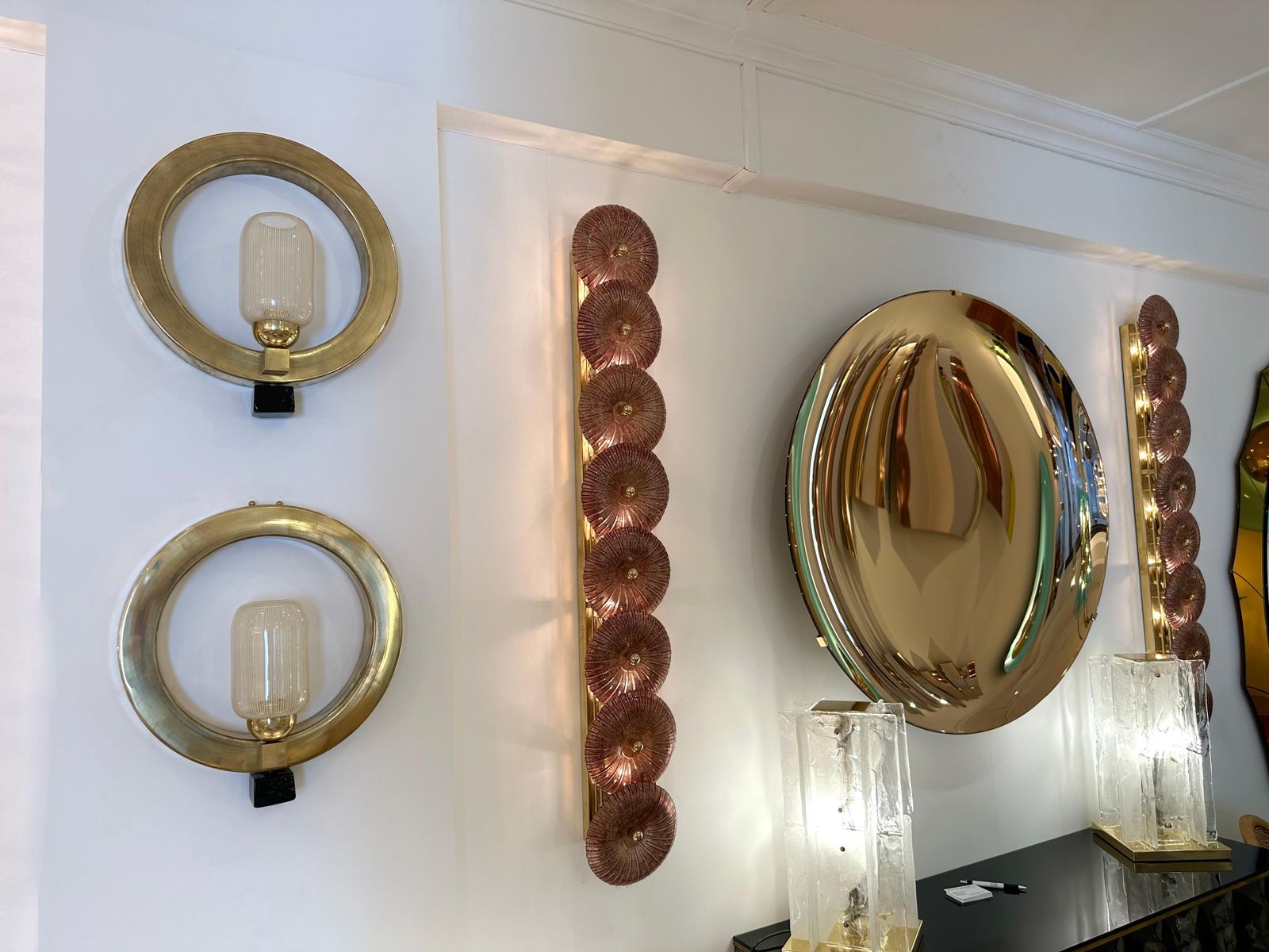 photo furniture Contemporary Pair Of Circle Brass And Murano Glass Sconces, Italy