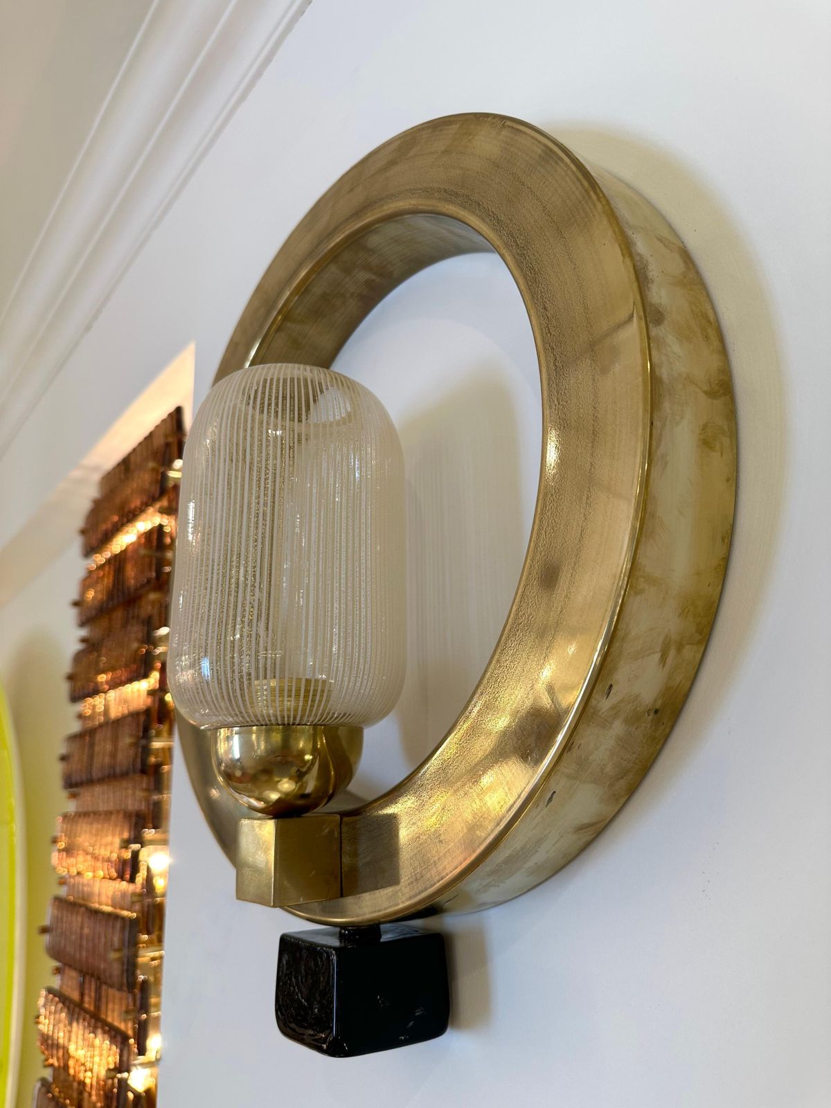 photo for sale Contemporary Pair Of Circle Brass And Murano Glass Sconces, Italy