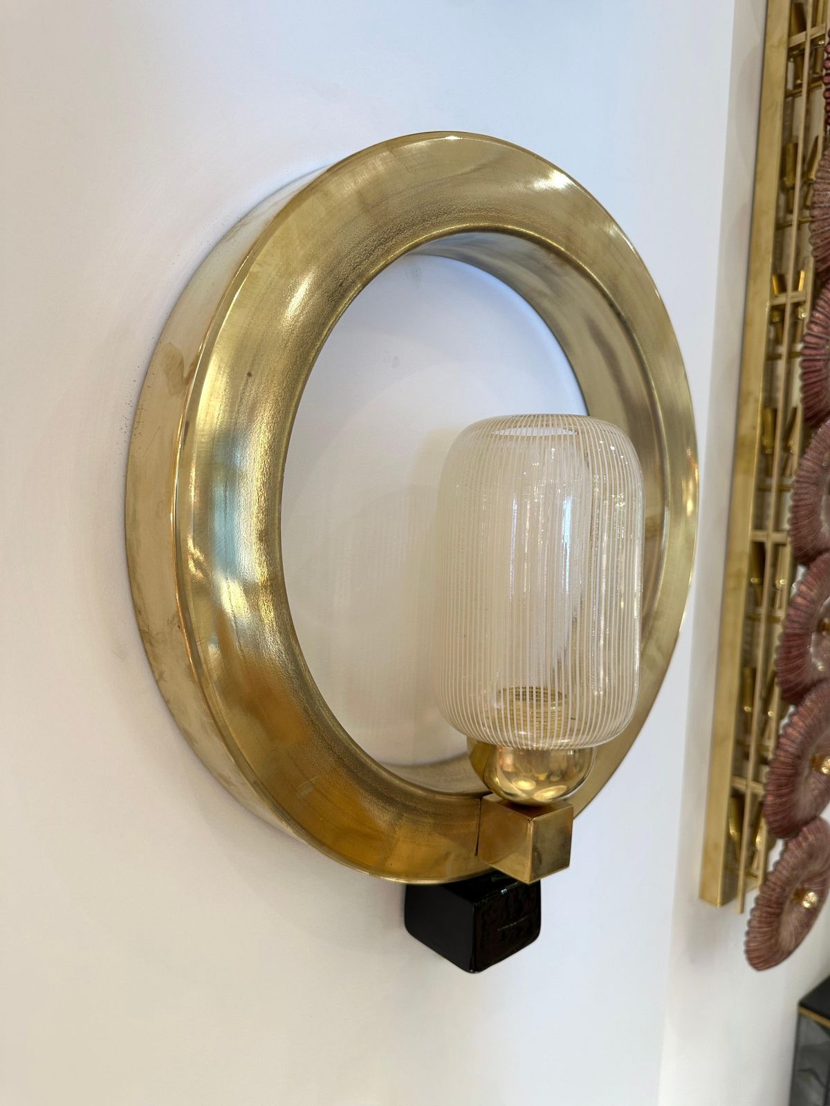 Lighting Contemporary Pair Of Circle Brass And Murano Glass Sconces, Italy photo