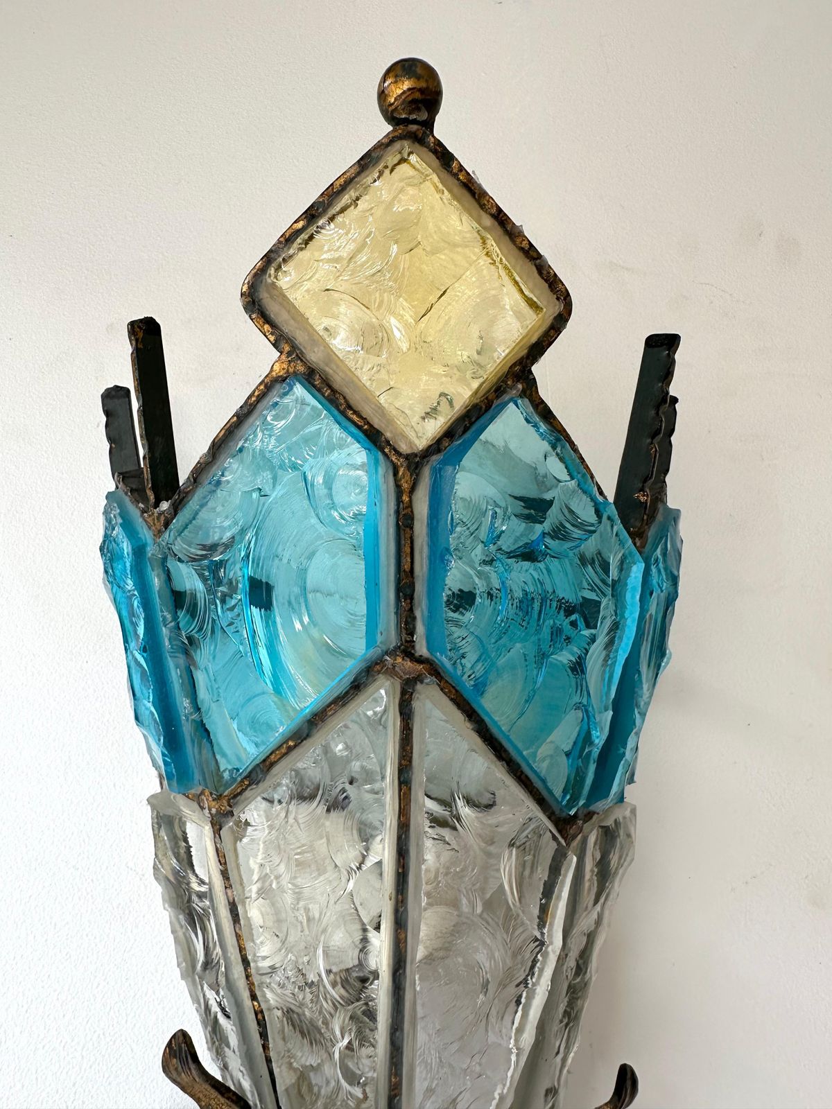 Pair Of Hammered Glass Wrought Iron Sconces By Longobard, Italy, 1970s photo Lighting