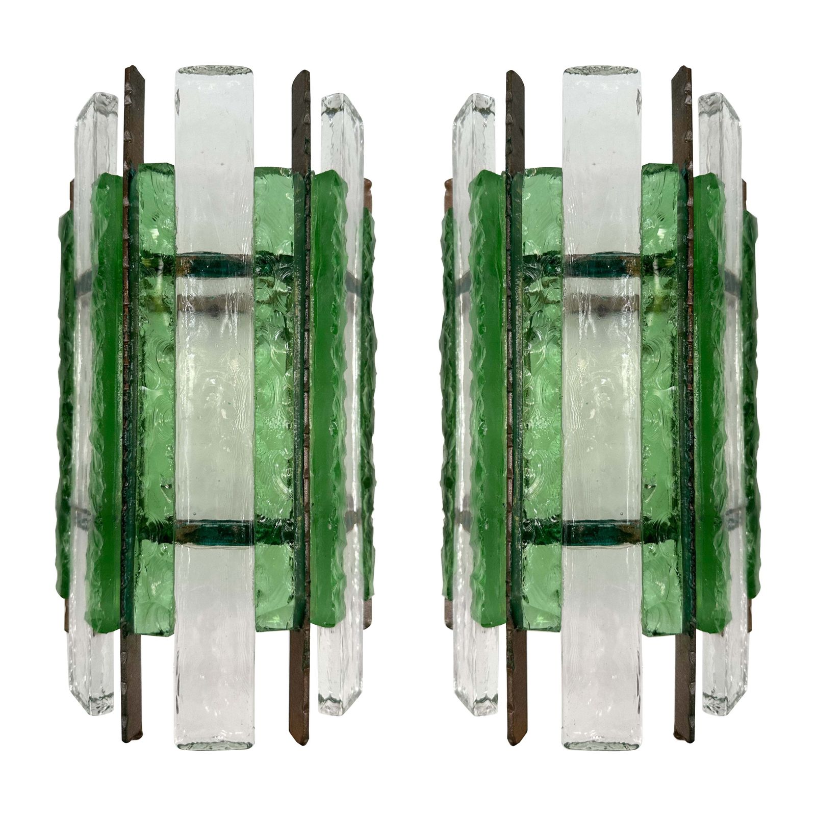 Pair Of Hammered Glass Wrought Iron Sconces By Longobard, Italy, 1970s