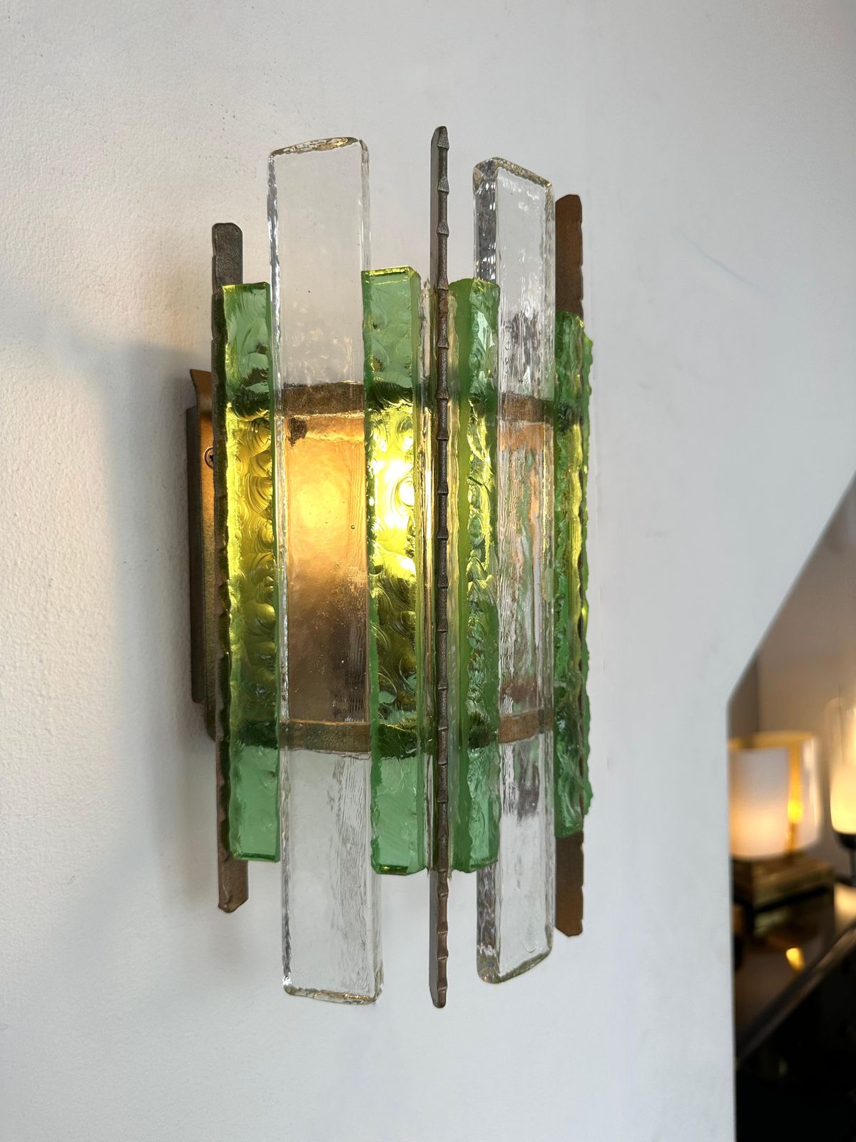Lighting Pair Of Hammered Glass Wrought Iron Sconces By Longobard, Italy, 1970s photo