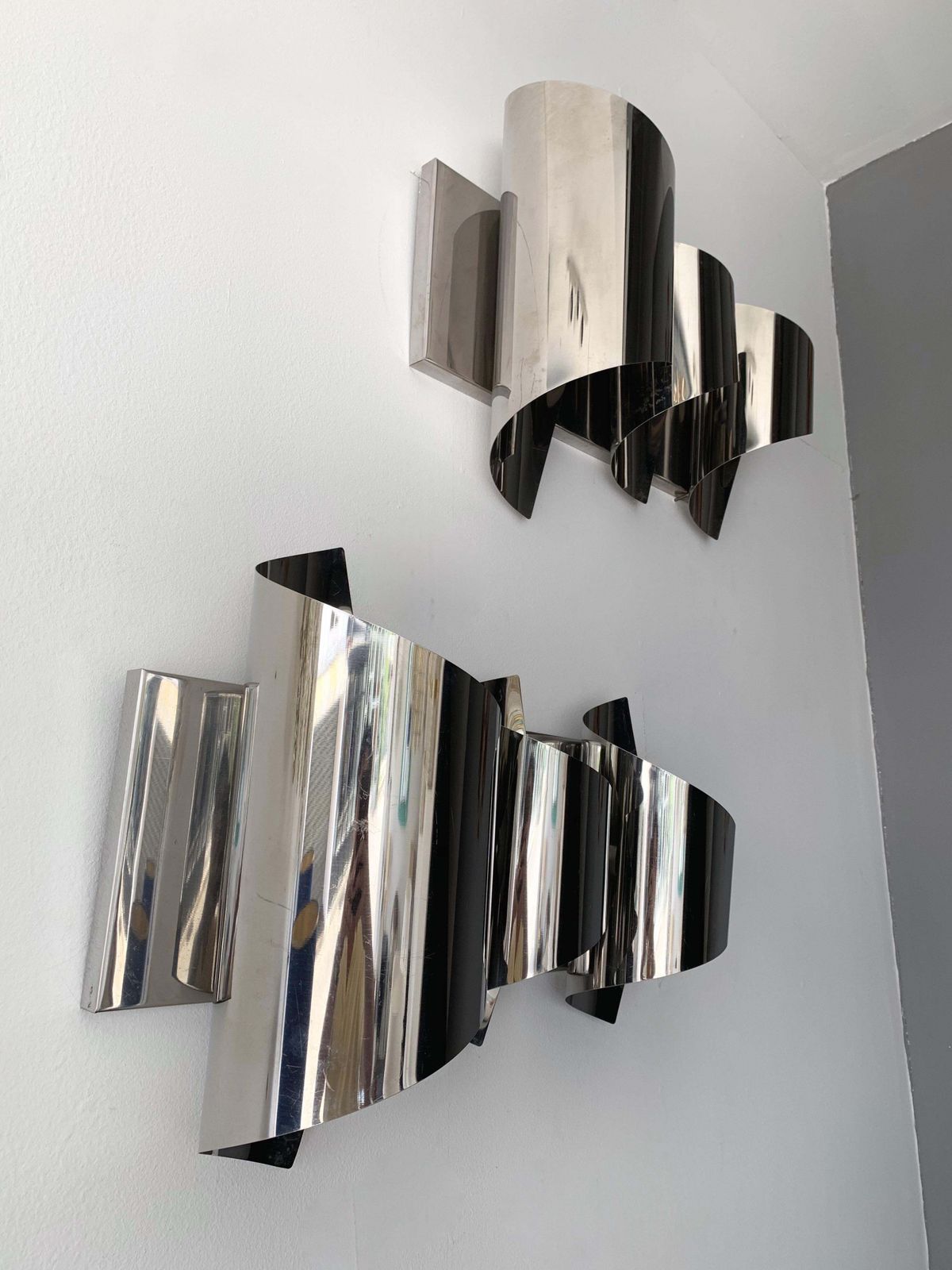 Pair Of Spiral Metal Chrome Sconces By Reggiani. Italy, 1970s photo furniture