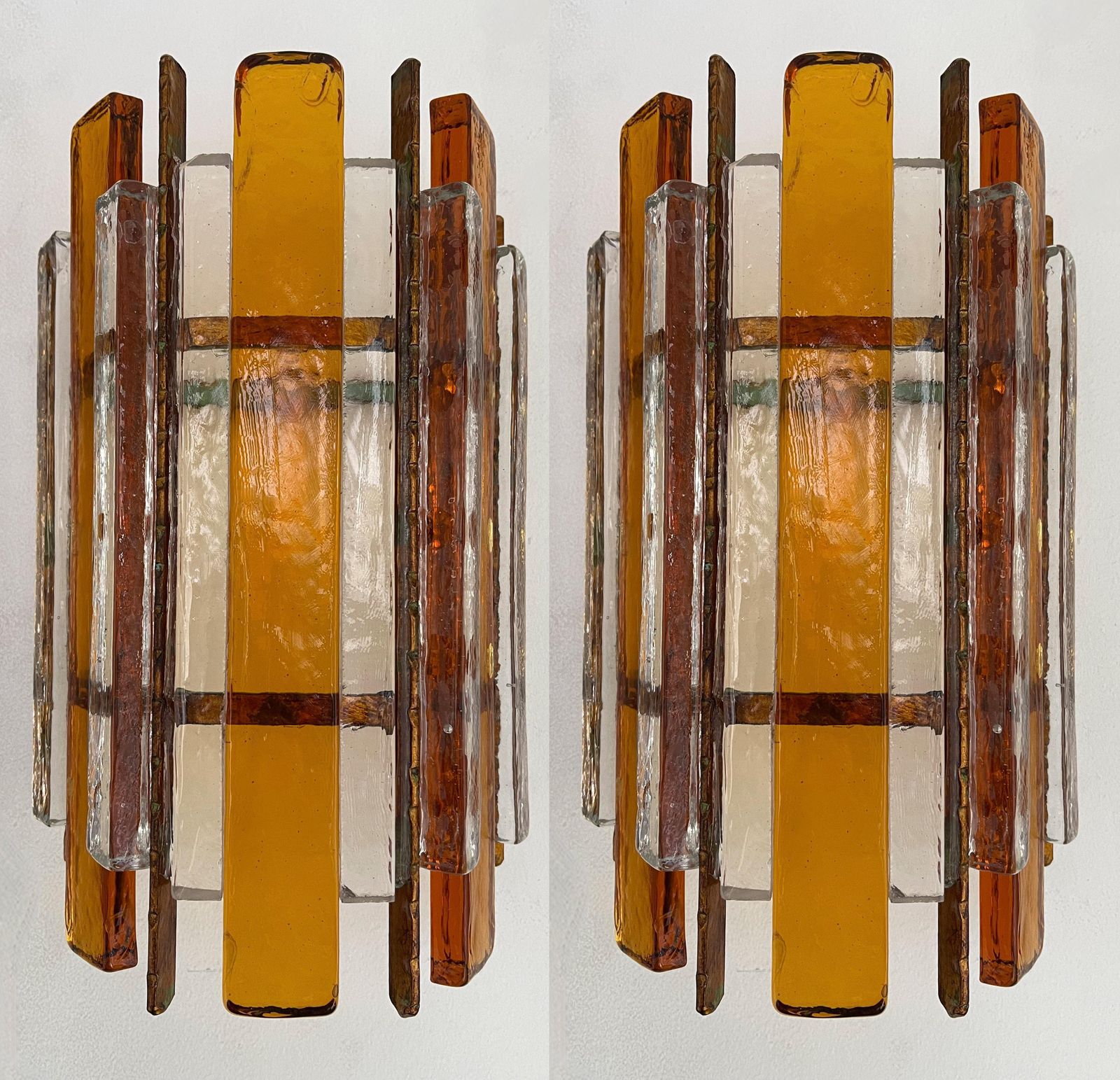 Pair Of Hammered Glass Wrought Iron Sconces By Longobard, Italy, 1970s photo for sale