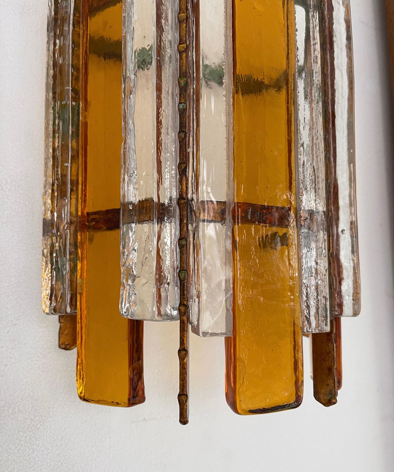 Pair Of Hammered Glass Wrought Iron Sconces By Longobard, Italy, 1970s photo vintage