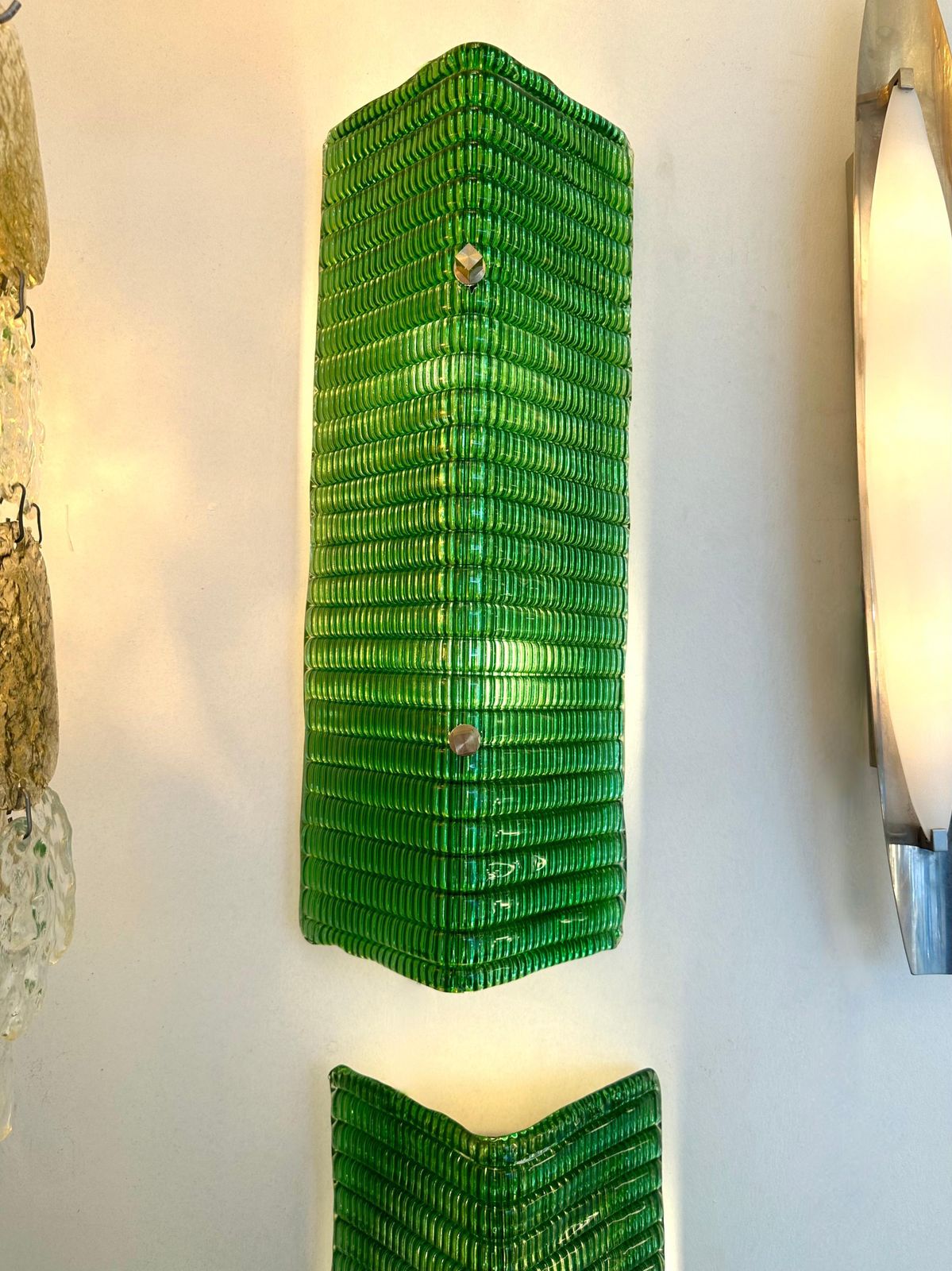 Contemporary Pair Of Brass And Green Folded Leaf Murano Glass Sconces, Italy photo 3764.0