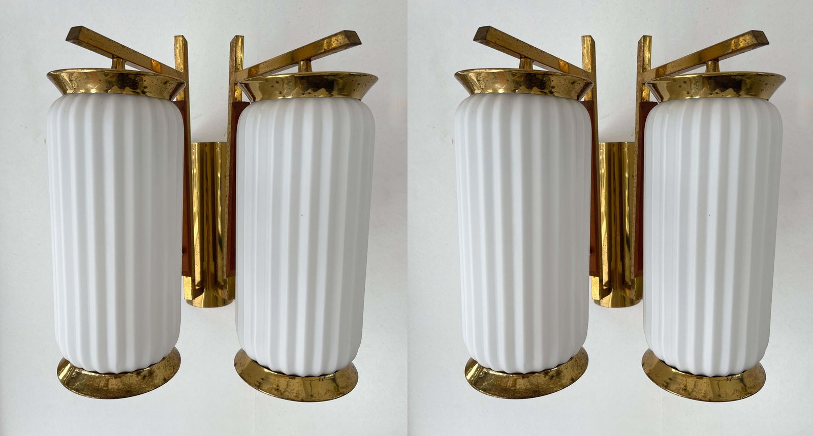 Mid Century Modern Pair Of Brass And Opaline Glass Barrel Sconces, Italy, 1950s photo 2480.0