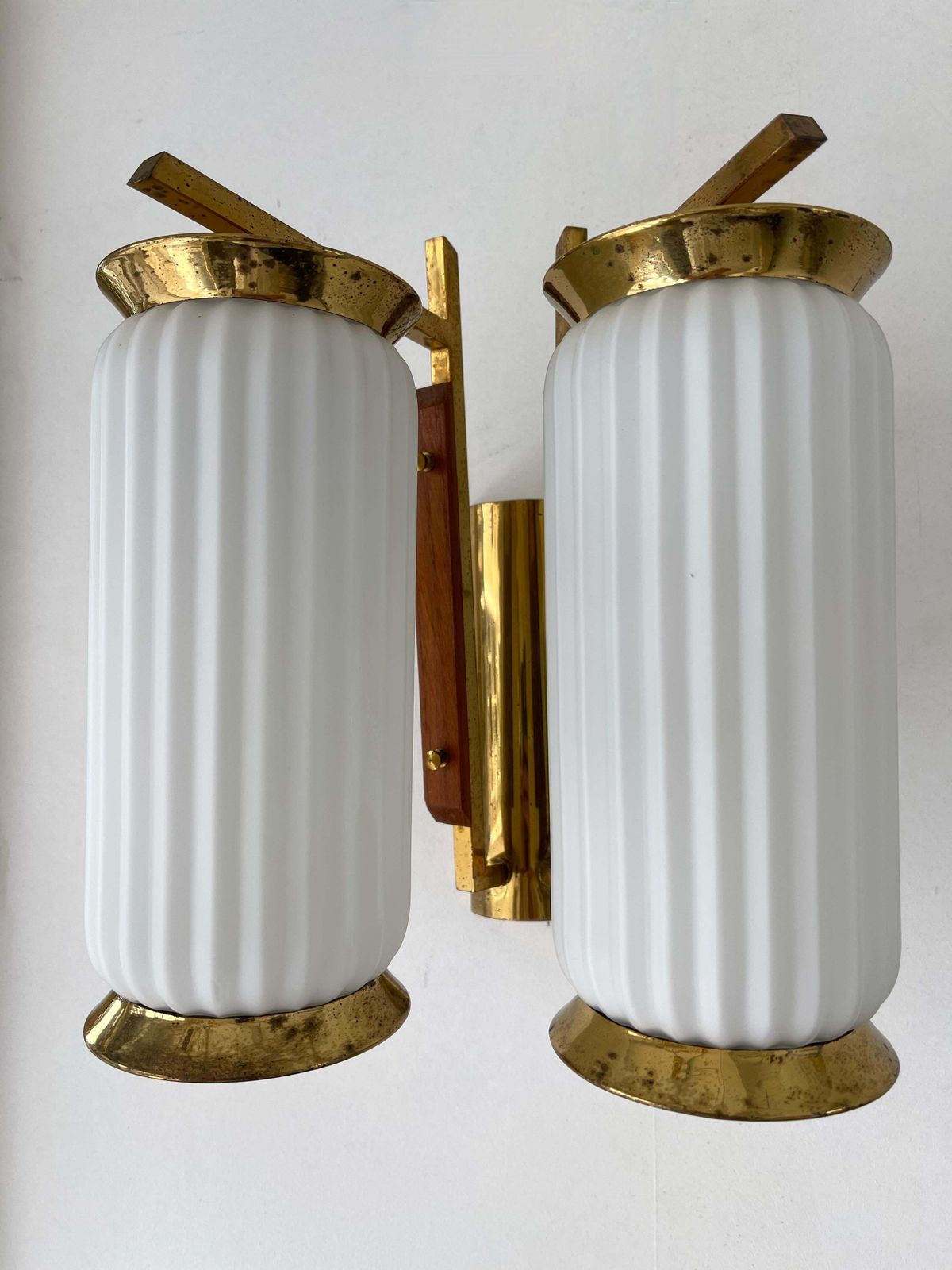Mid Century Modern Pair Of Brass And Opaline Glass Barrel Sconces, Italy, 1950s photo vintage