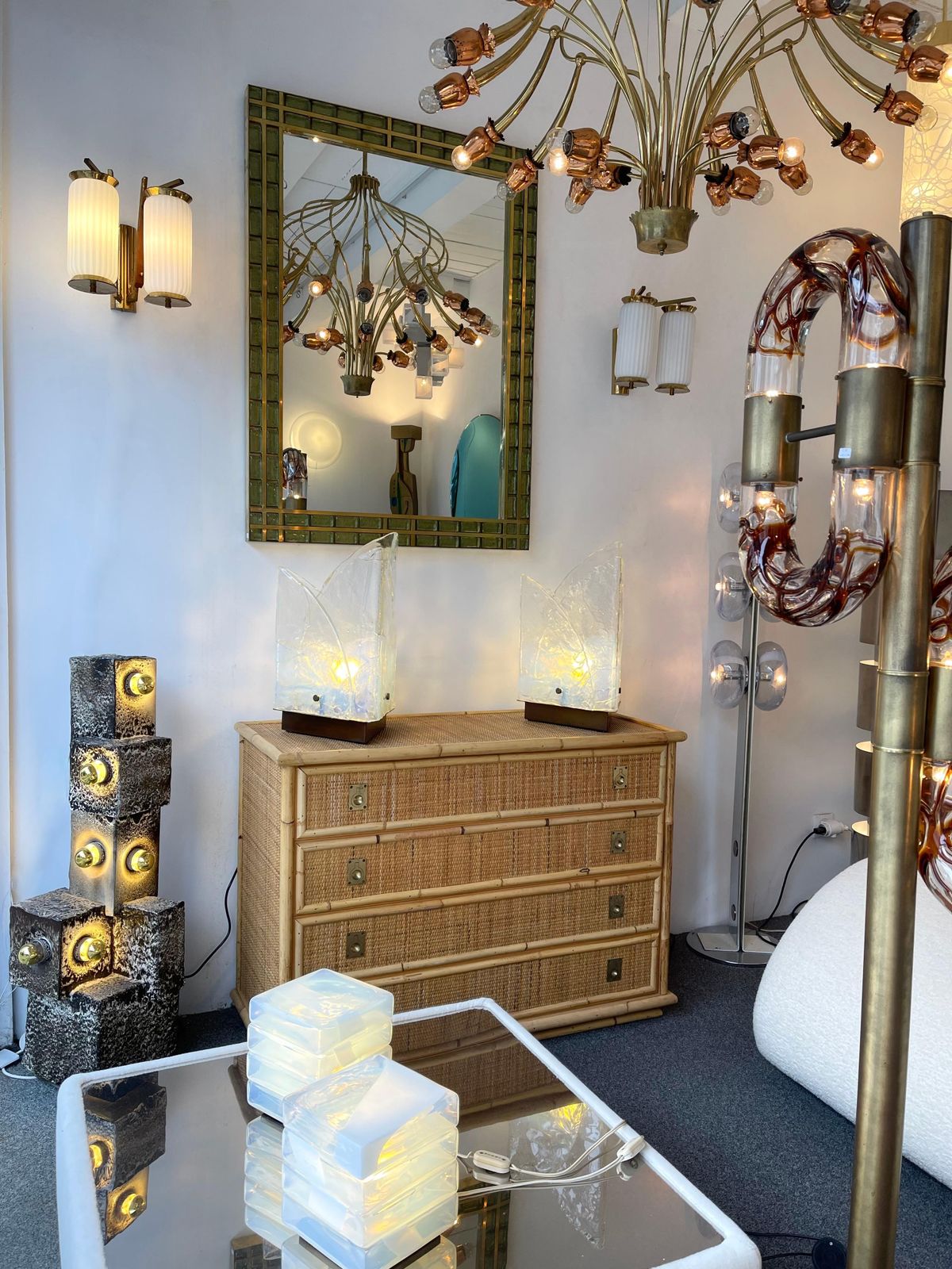 photo buy Mid Century Modern Pair Of Brass And Opaline Glass Barrel Sconces, Italy, 1950s