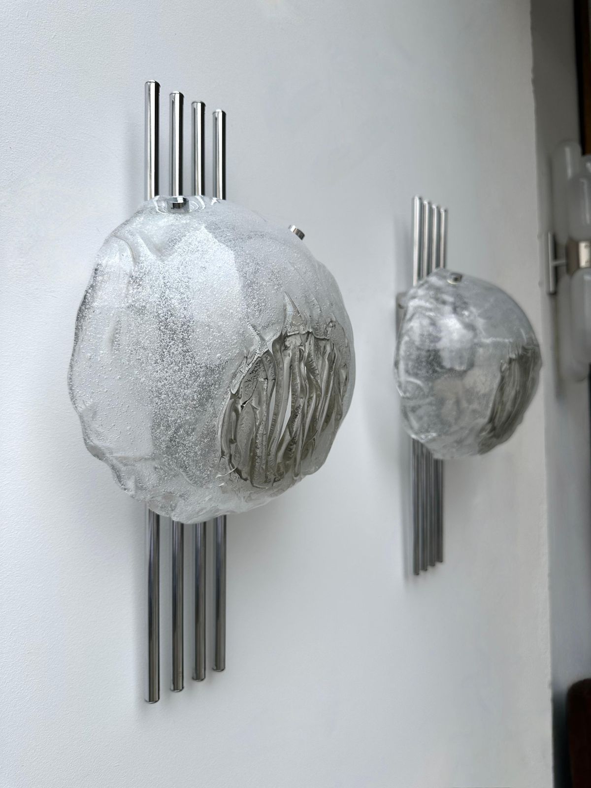 Pair Of Murano Glass And Metal Chrome Sconces By Esperia. Italy, 1970s photo furniture