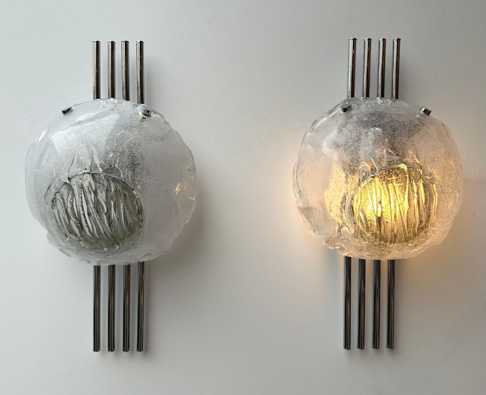 Pair Of Murano Glass And Metal Chrome Sconces By Esperia. Italy, 1970s photo vinterior