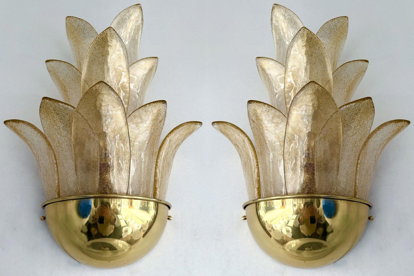 Contemporary Pair Of Brass And Gilt Murano Glass Palm Tree Sconces, Italy photo vinterior